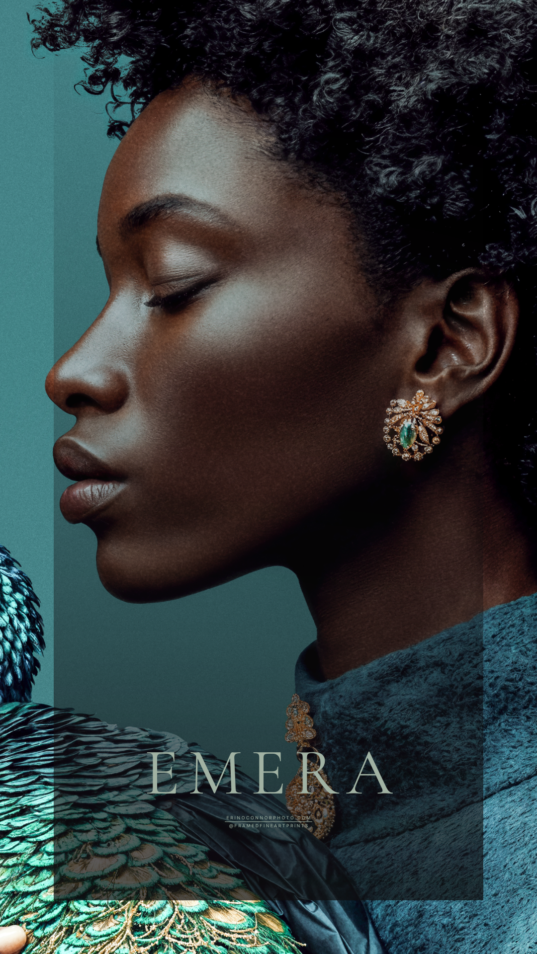 Close profile portrait of Emera with natural textured hair, closed eyes and a jeweled earring against a teal background.