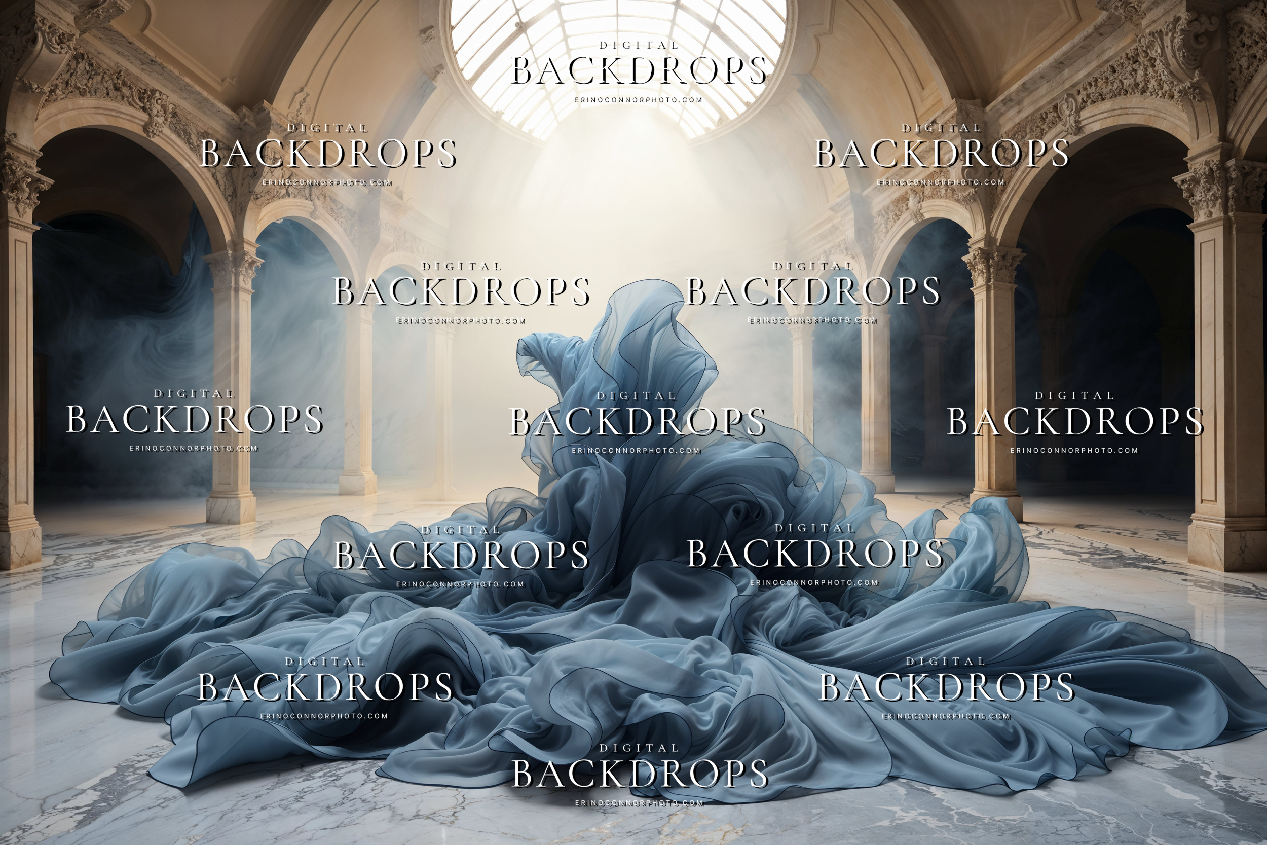 Blue chiffon fabric pooled beneath a domed marble hall with luminous skylight and misty atmosphere, digital background for maternity and fine art composites.