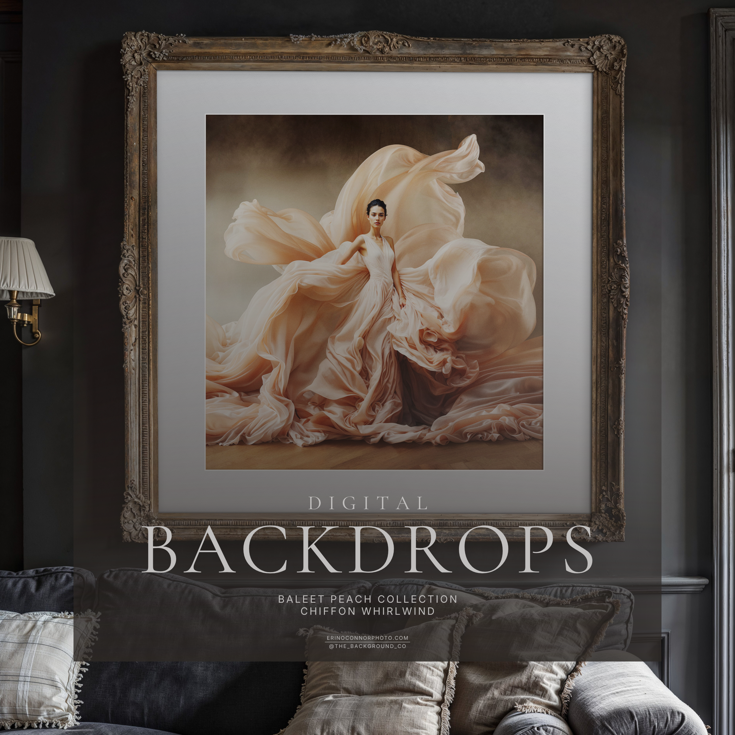 Framed wall art mockup showing a Ballet Peach chiffon portrait composite above a gray sofa in a dark moody living room.