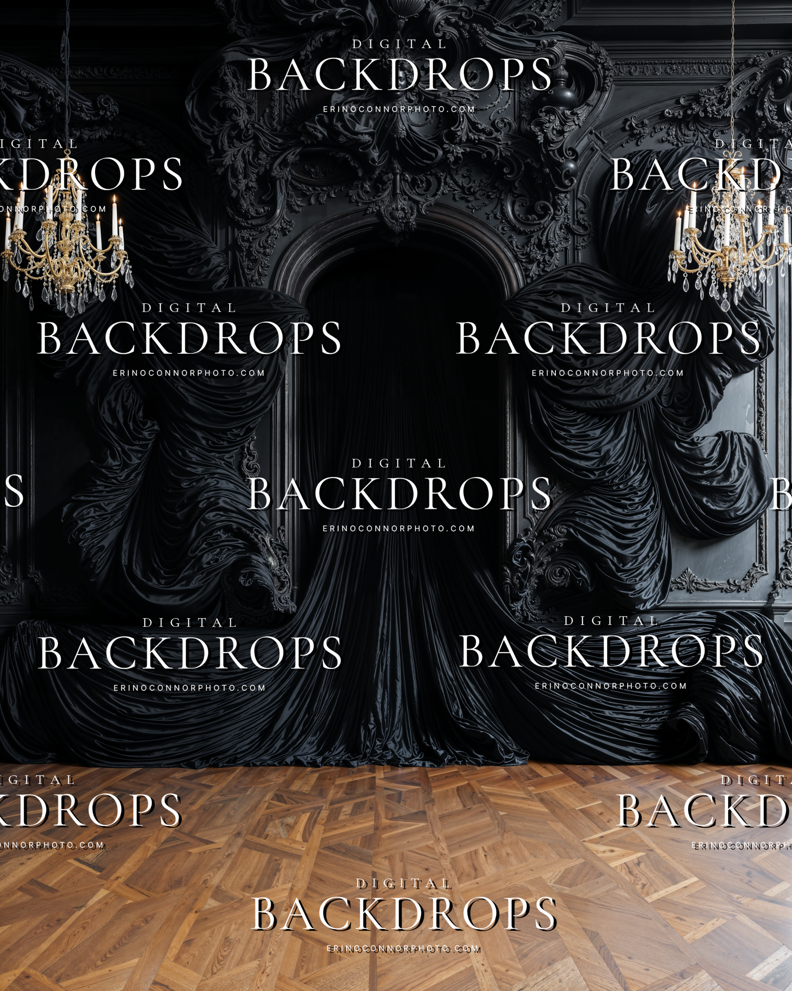 Black parlor digital backdrop with chandeliers, sculptural silk drapery, and an ornate arch for luxury portrait and maternity composites.