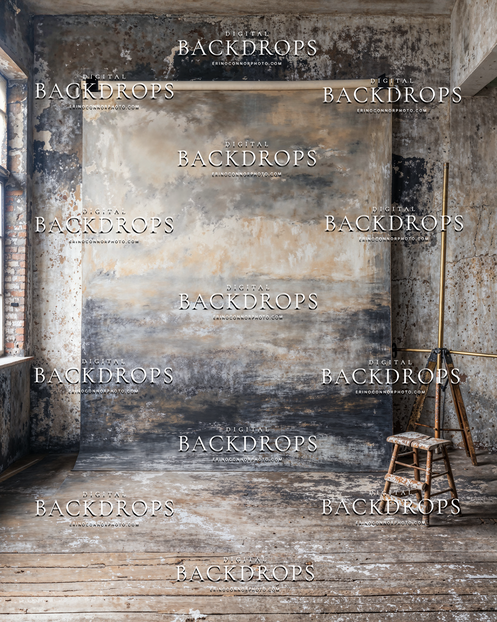 Moody painterly studio canvas backdrop with cloudy gray and warm beige, deep charcoal base, industrial studio with ladder, fine art portrait background.