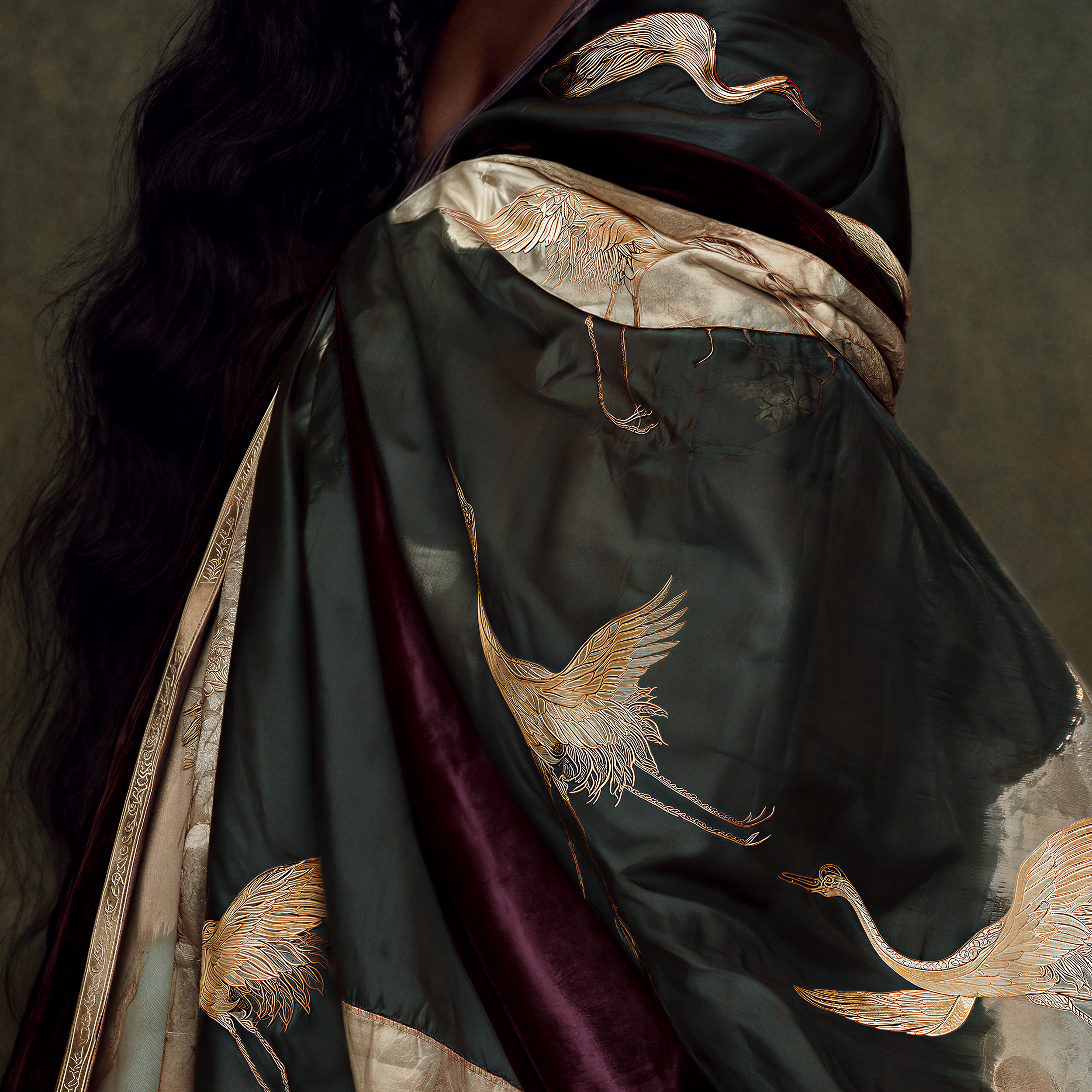 Close detail of the layered deep green textile and ivory crane embroidery worn by Zuri.