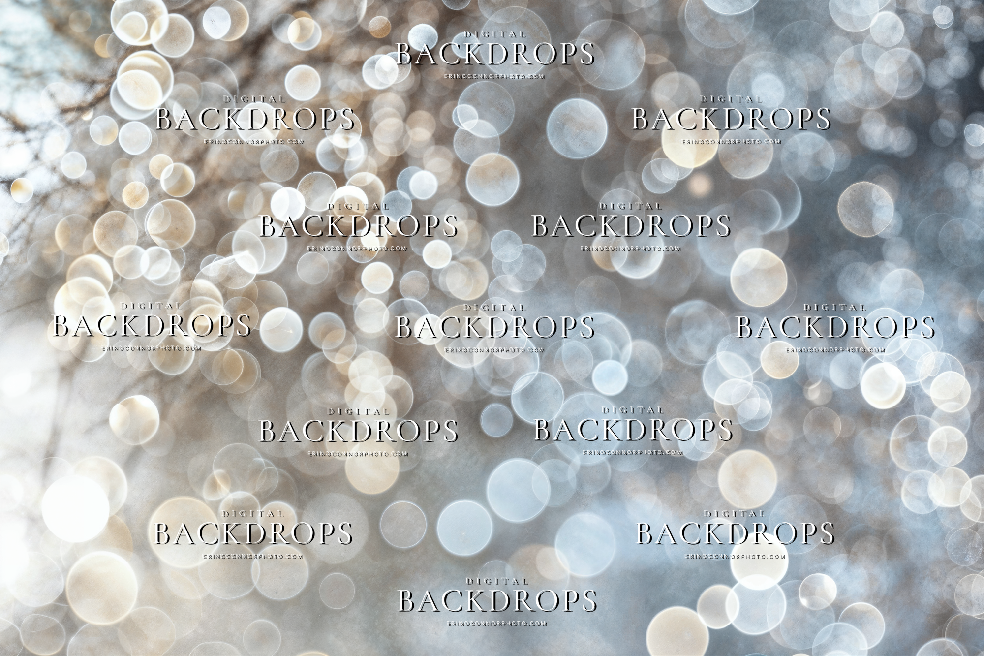 Silver white bokeh light overlay with soft circular blur, pale champagne highlights, and airy sparkle for portrait composites.