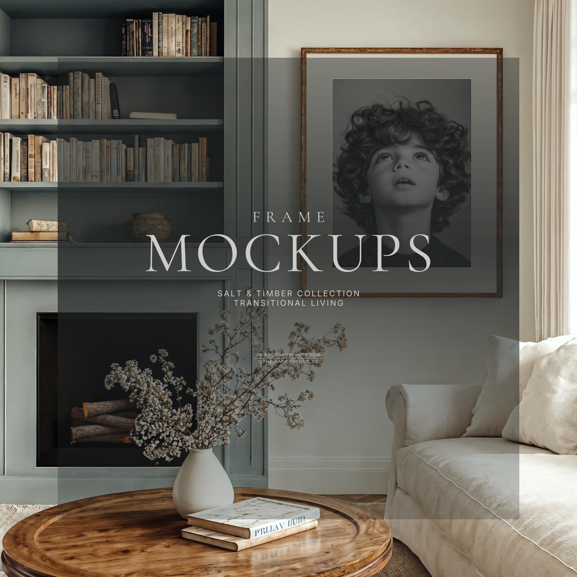 Transitional room mockup with blue green built in shelves and fireplace, featuring a large vertical wood frame with wide white matte above a round coffee table for realistic wall art previews.