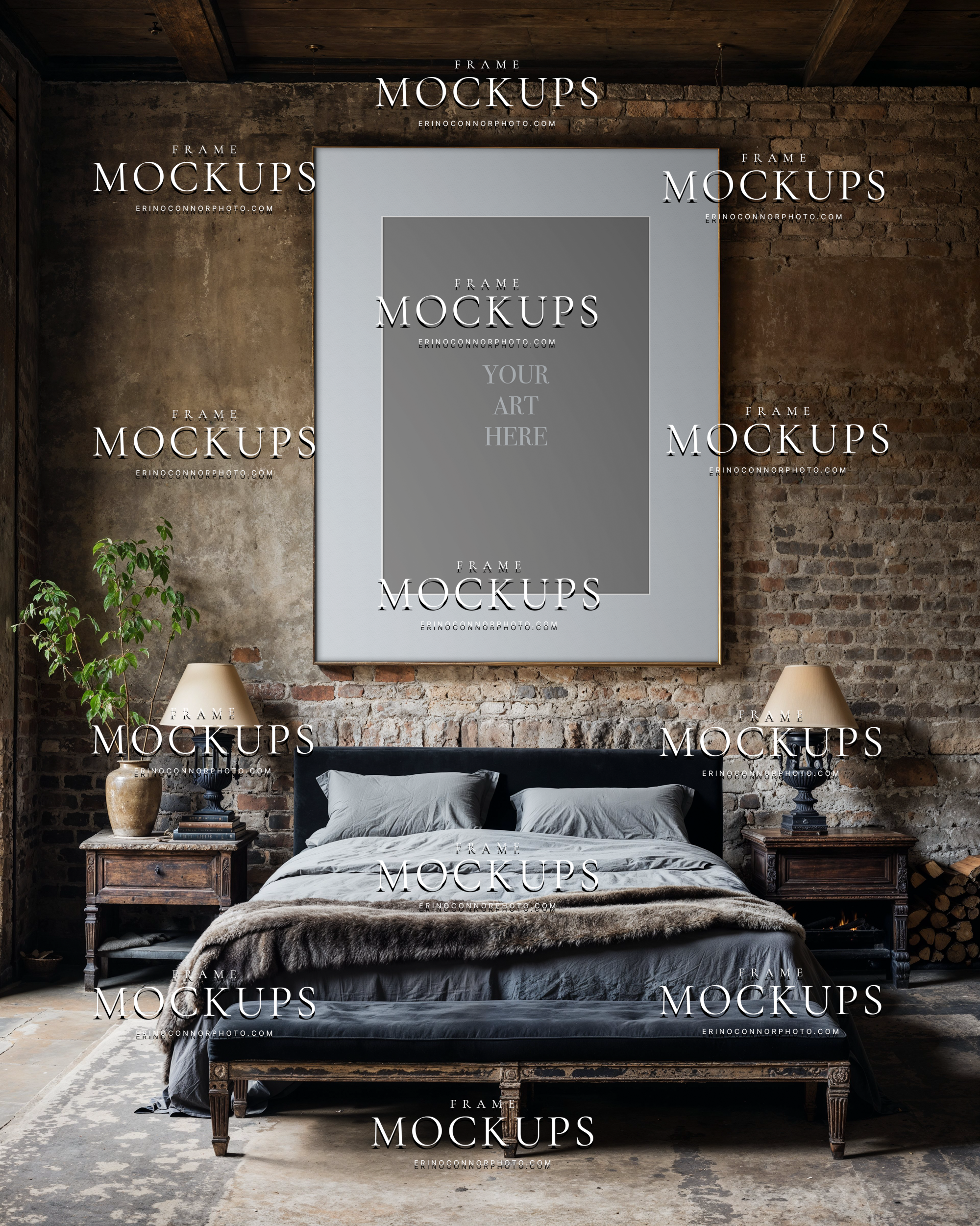 Empty vertical wall art mockup in an industrial romantic bedroom with exposed brick, distressed plaster, dark wood bed, antique lamps, and soft natural light