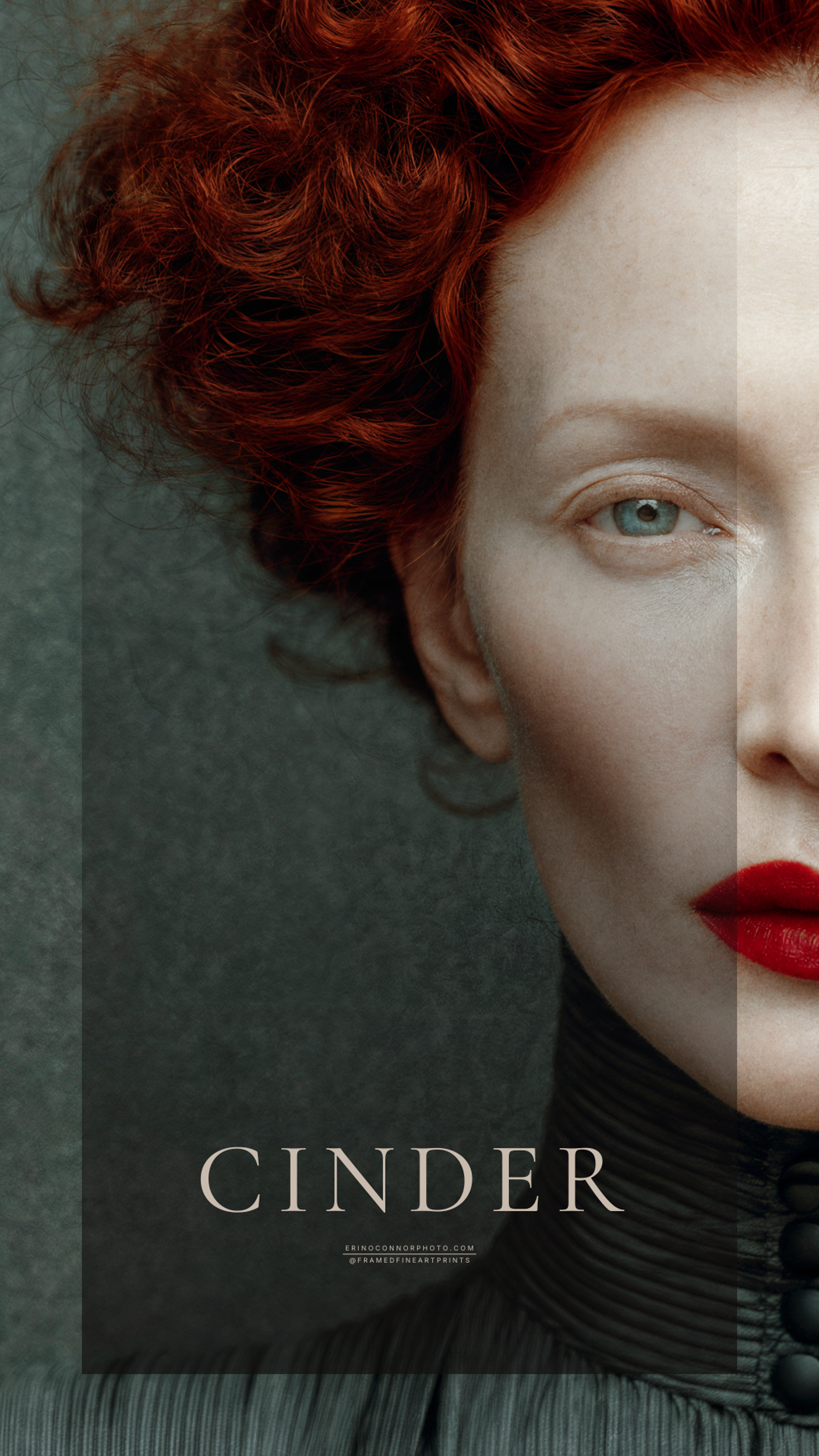 Close portrait of Cinder with curly red hair, pale skin, blue-green eyes and vivid red lips.