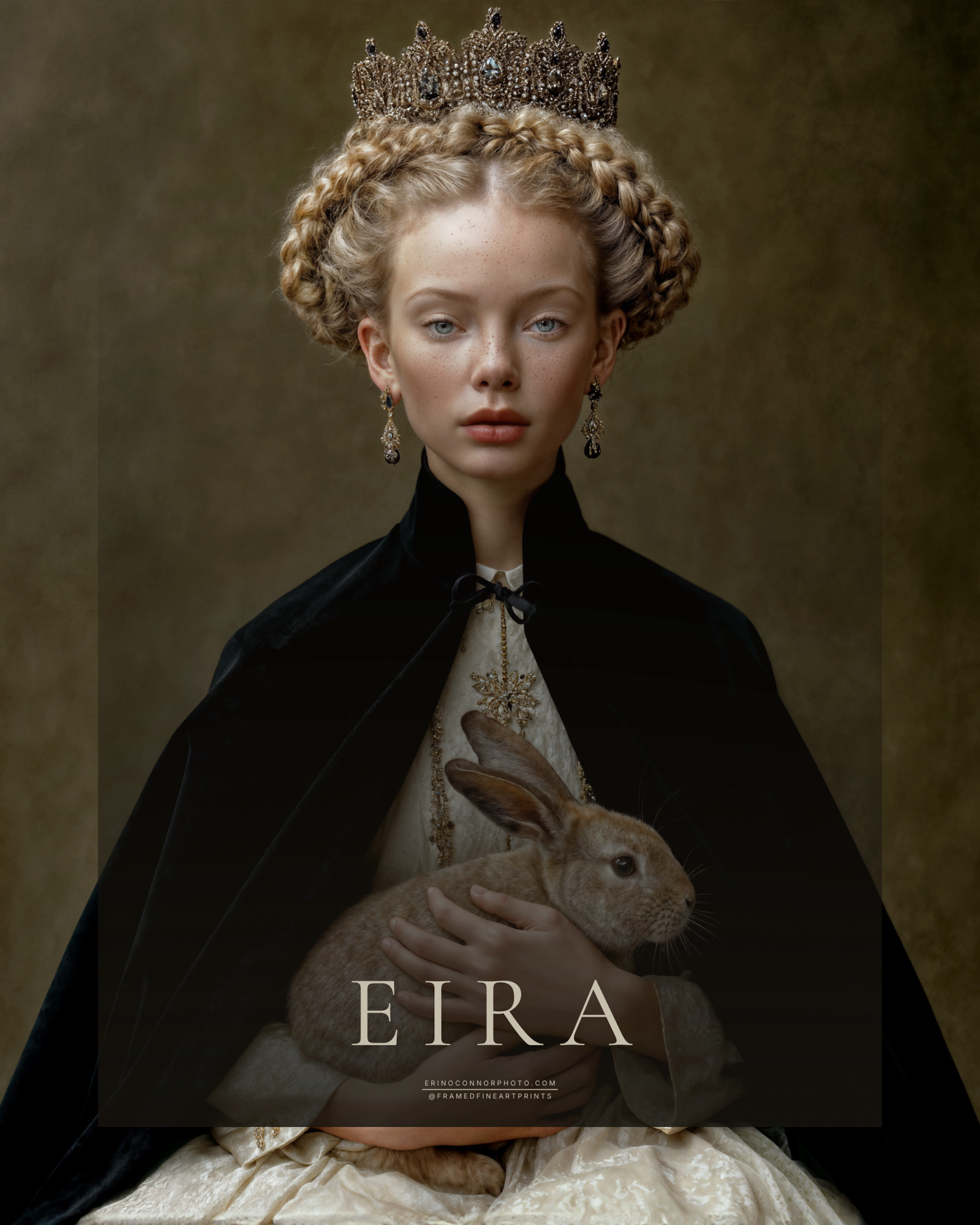 Eira fine art portrait of a crowned woman in a black velvet mantle holding a brown rabbit against an olive-toned background.