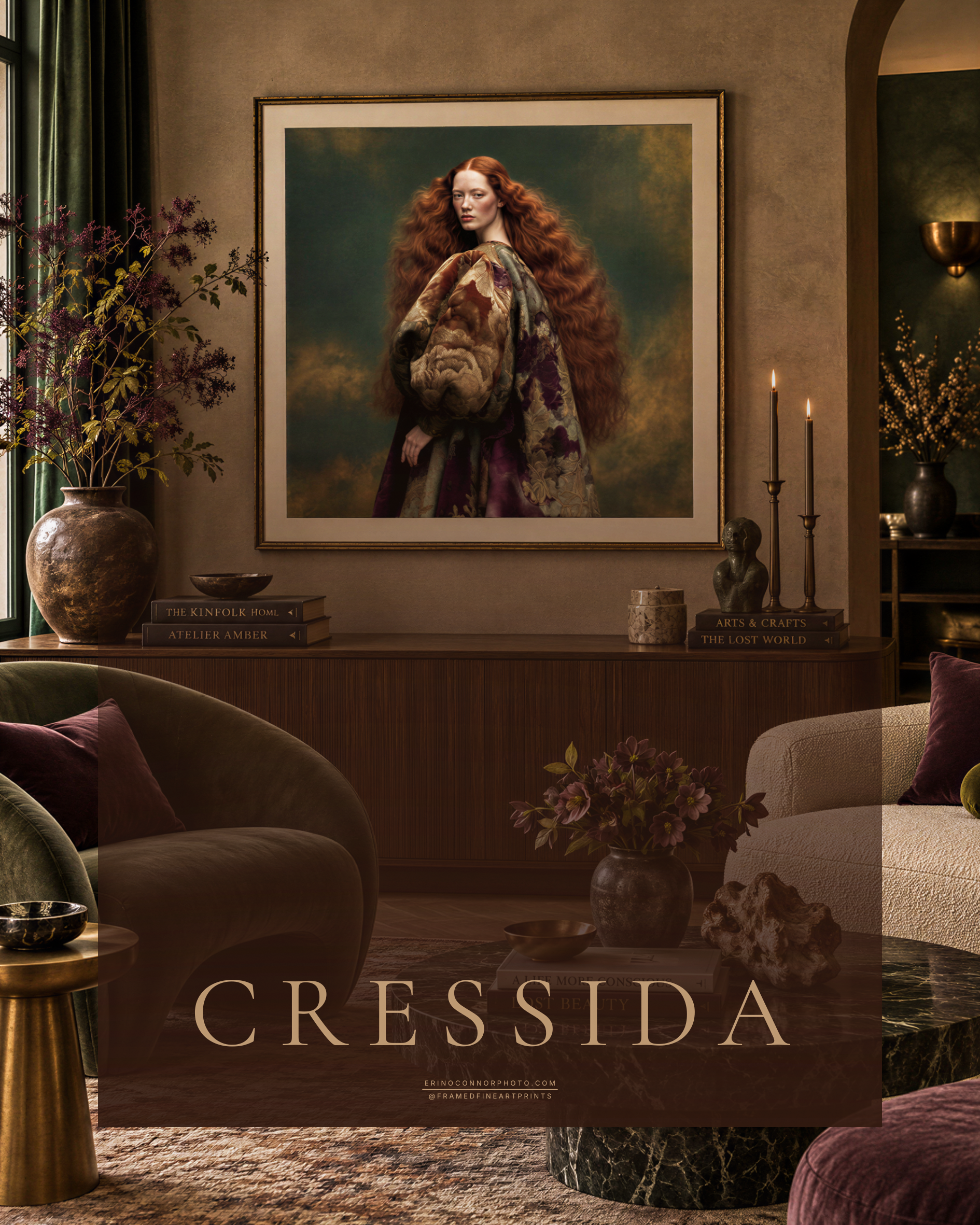 Large framed Cressida fine art portrait displayed in a sophisticated interior with warm neutral walls, dark walnut and muted plum and celadon accents.