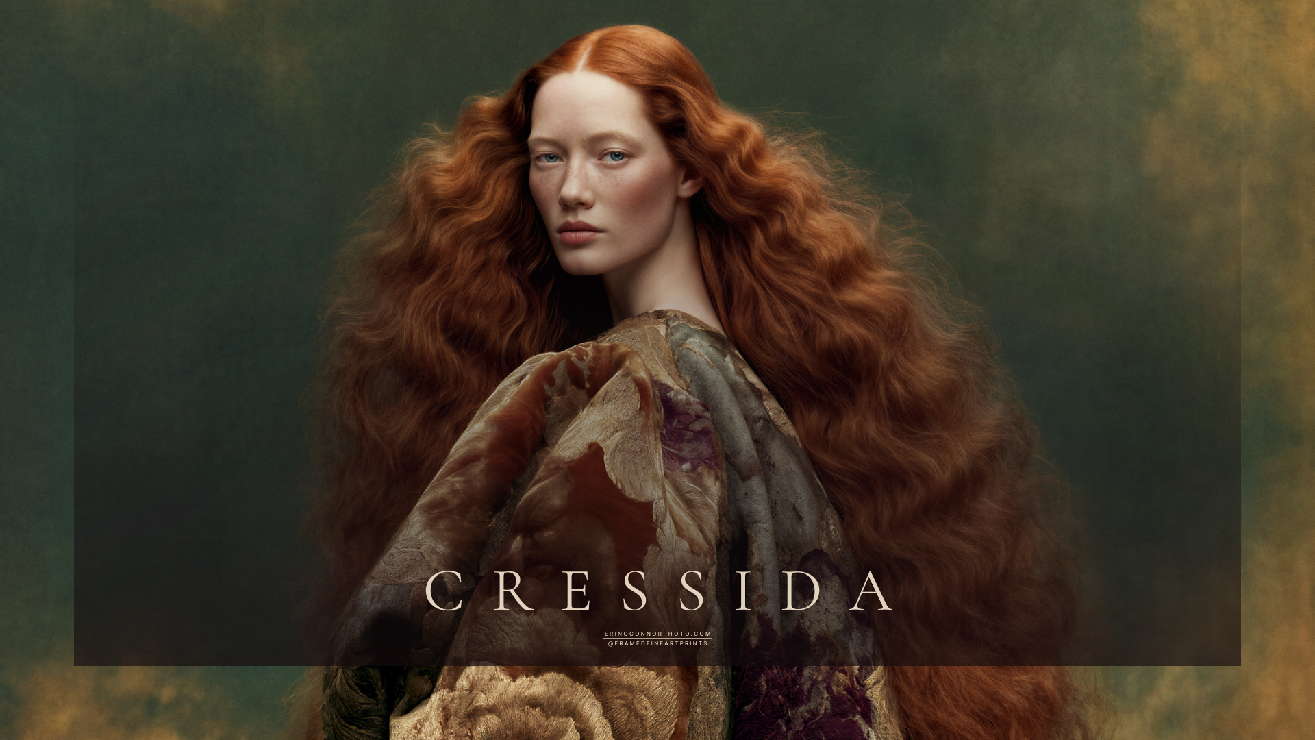 Cressida surrounded by long copper-red hair and a voluminous patterned brocade garment with layered floral textures.