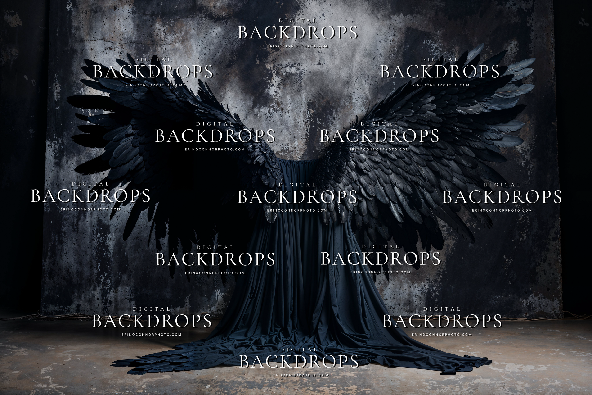 Black feather angel wings spread wide over draped fabric with stormy textured wall and concrete floor, dark fantasy digital backdrop for portrait composites.