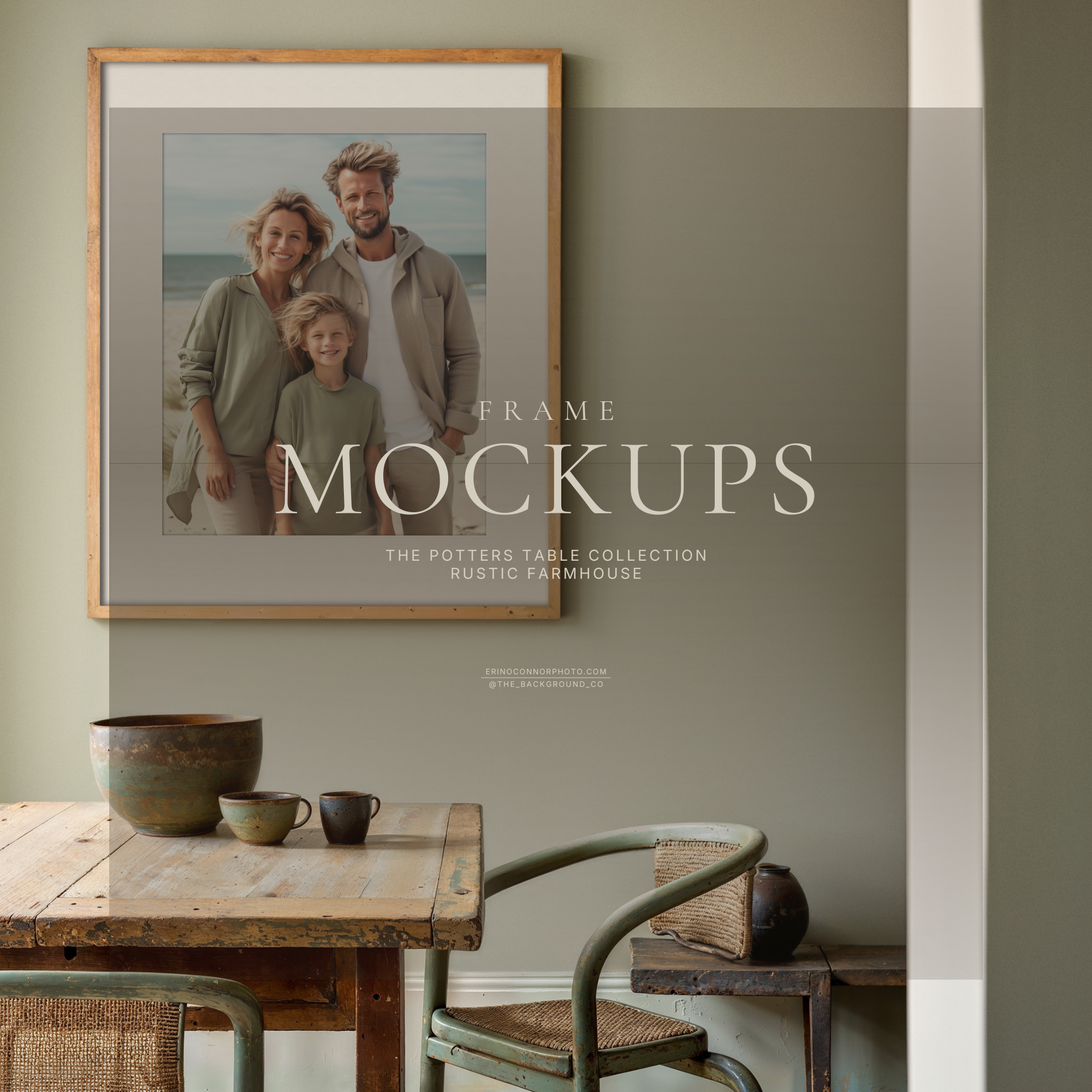 Rustic modern farmhouse wall mockup with sage green paint, square wood frame and matte, vintage table with pottery, woven chair, styled interior for showcasing photography and art prints.