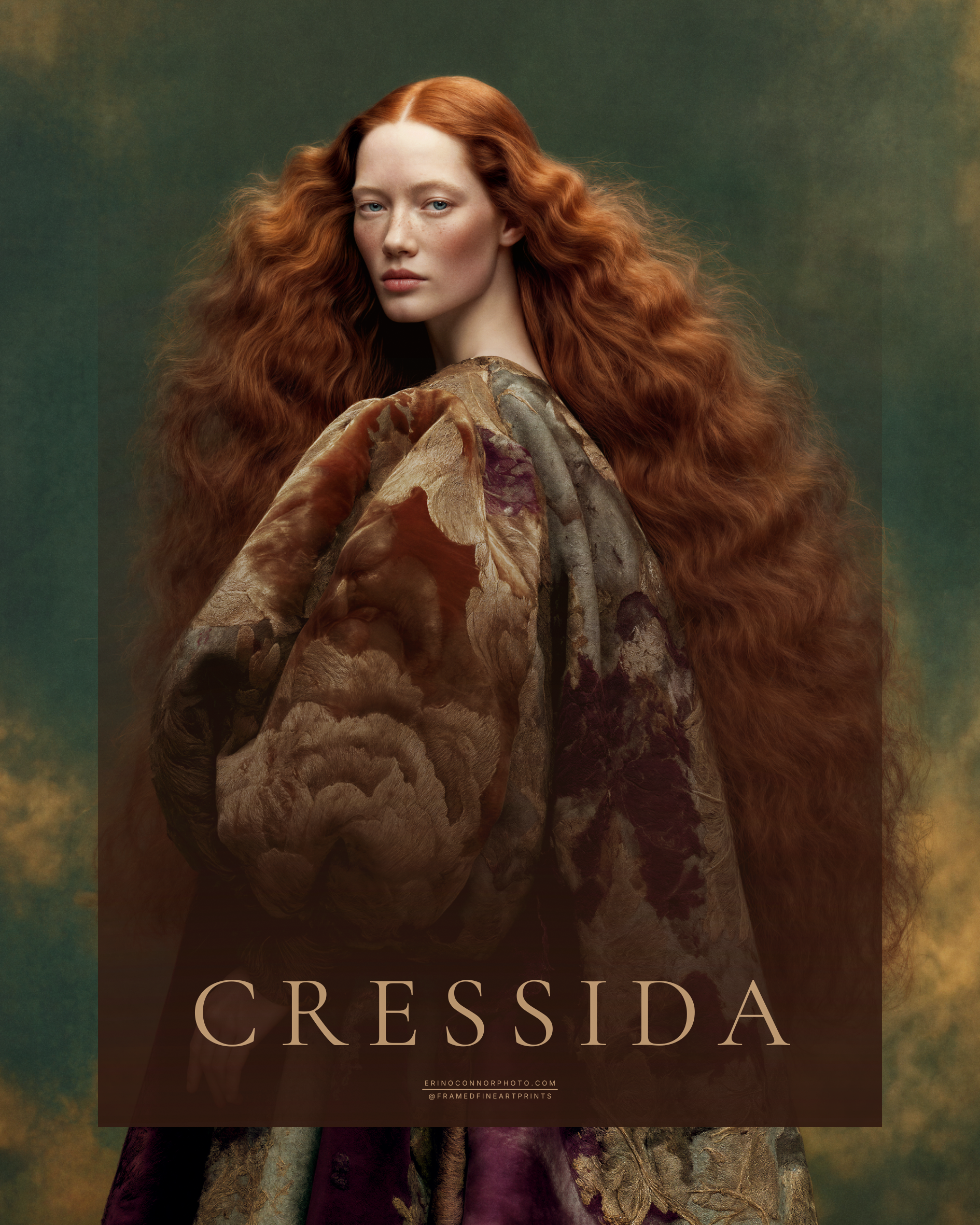 Cressida fine art portrait of a red-haired woman wearing a monumental floral brocade garment in muted plum, cream, green-gray and warm brown.