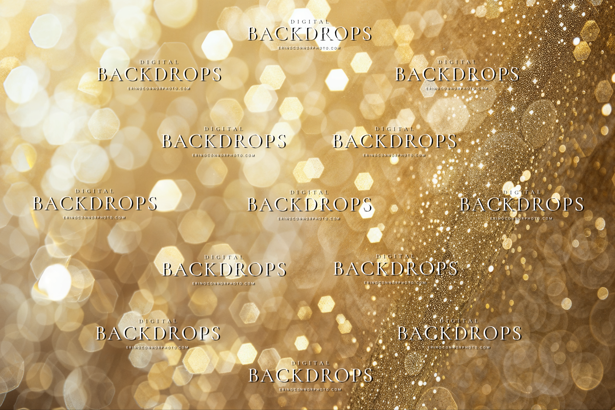 Champagne gold glitter bokeh light overlay with bright lens blur, dense sparkle texture, and luminous portrait background atmosphere.