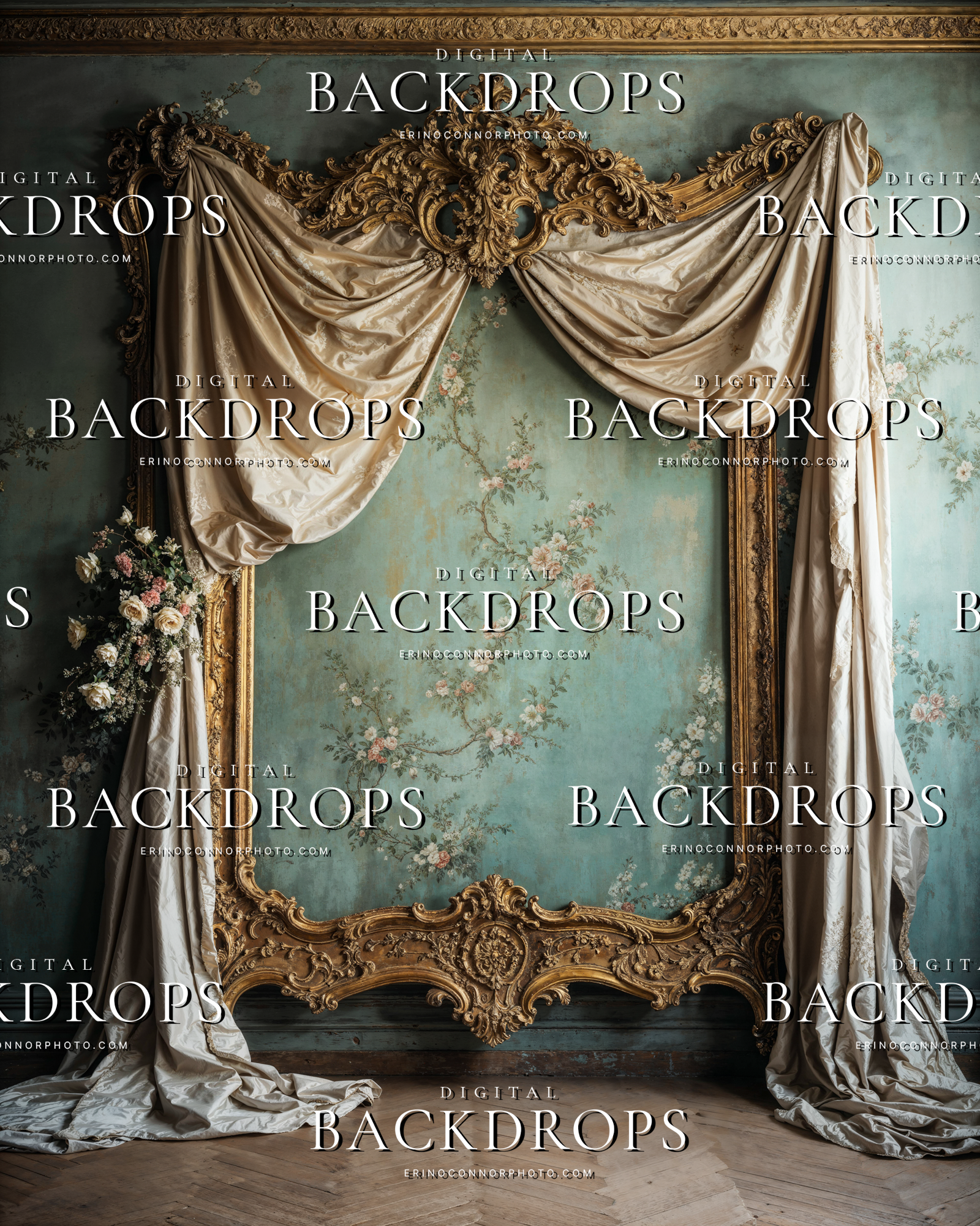 Rococo gilded arch digital background with ornate gold rectangular frame, champagne silk drape swag, blush florals on left, patina teal wall, herringbone wood floor, high resolution JPEG