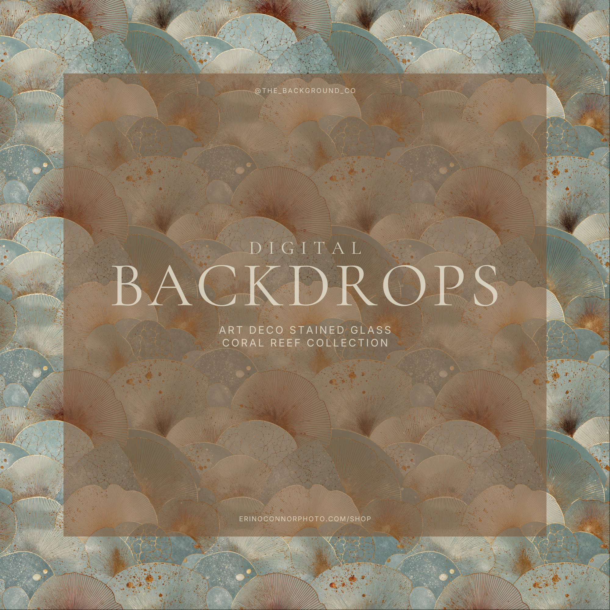 Layered seafoam and ivory fan-coral scallops with subtle gold and rust patina; Art Deco Reef digital background for fine-art portraits and fantasy composites.