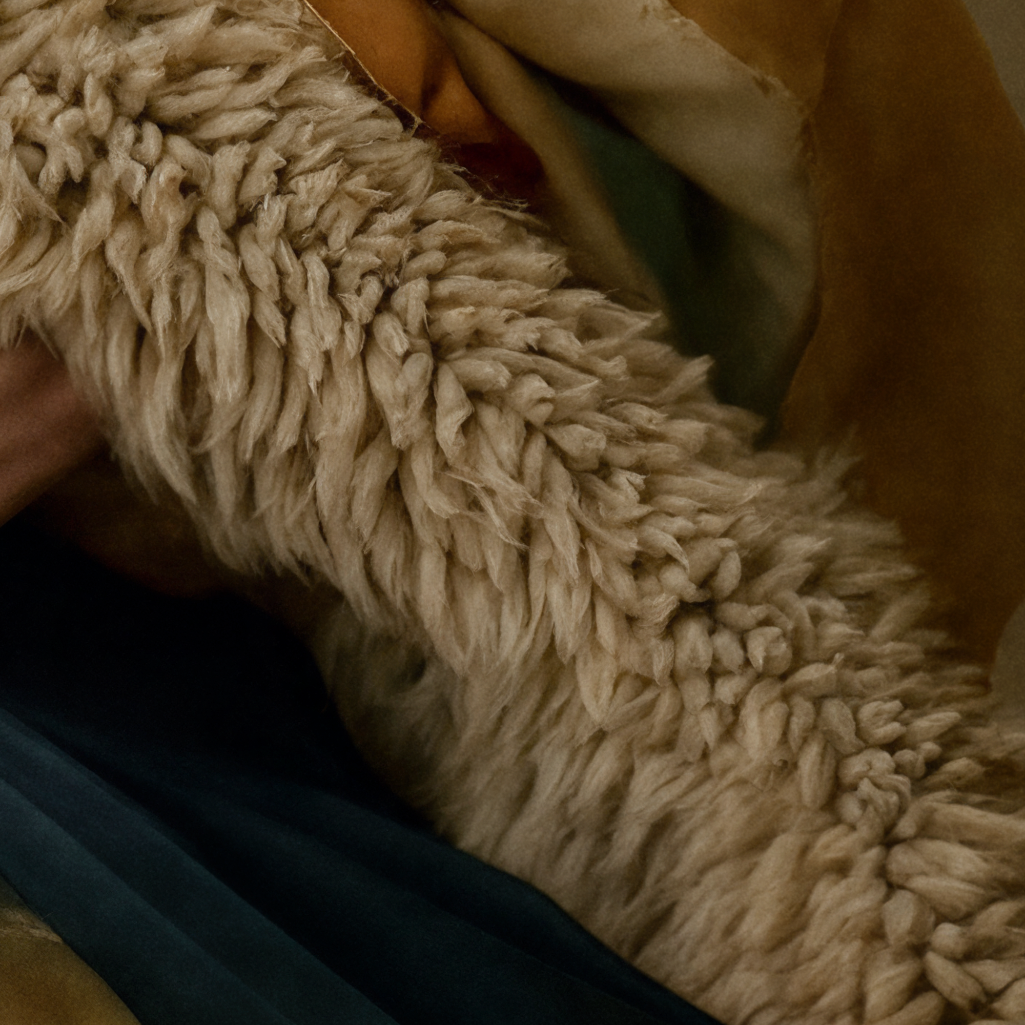 Close detail of the tactile cream inner textile beneath the smoother aged fabric worn by Simone.