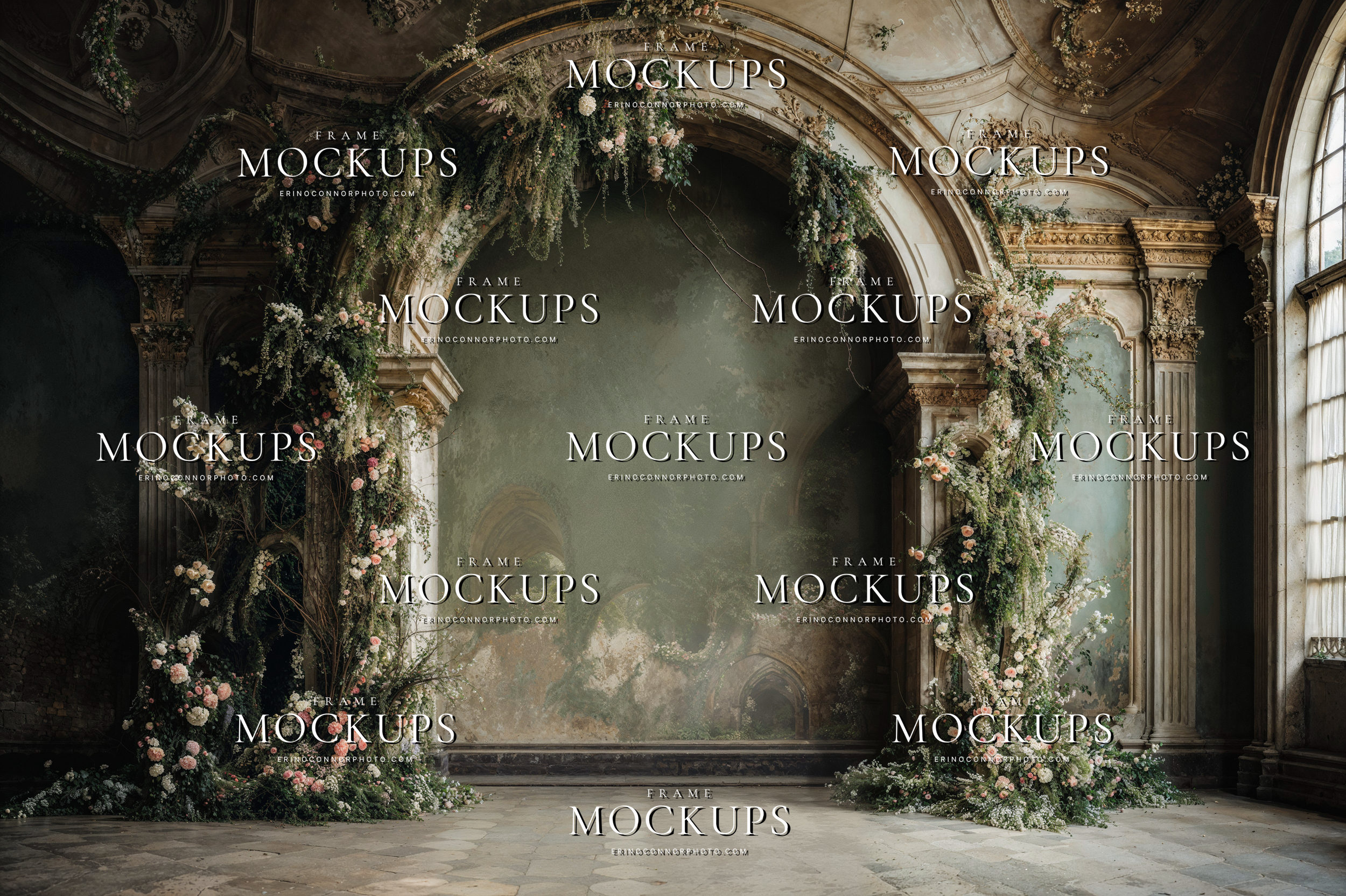 Vintage plaster arch digital background with cascading greenery, soft blush flowers, and a luminous old world hall for romantic portrait composites.