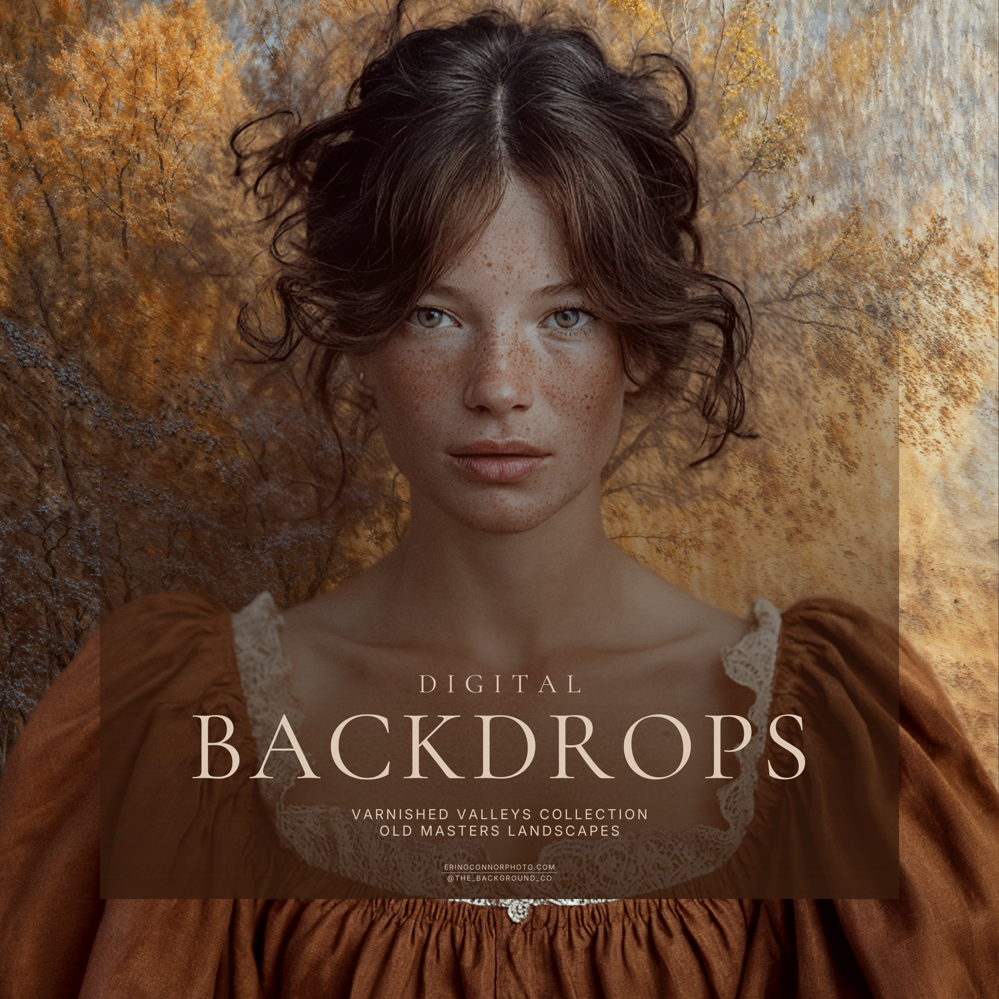 Old Masters Landscapes Varnished Valleys portrait composite example, painterly river valley and golden cliffs backdrop, fine art photo editing background, instant download.