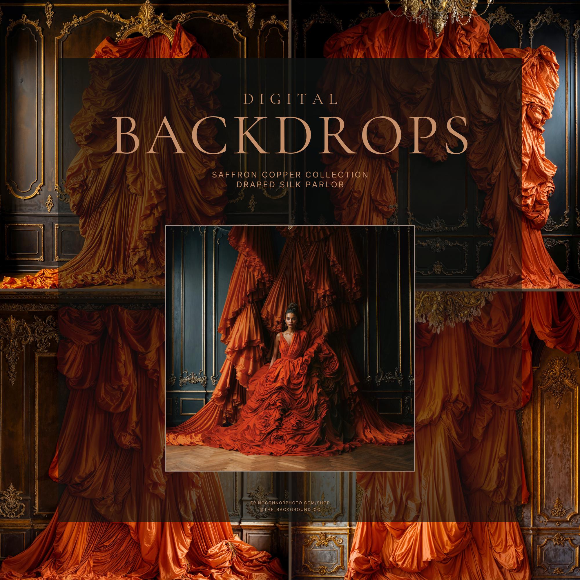 Collection card for Draped Silk Parlor Saffron Copper digital backgrounds with burnt orange silk drapery, dark paneled walls, and a portrait composite.