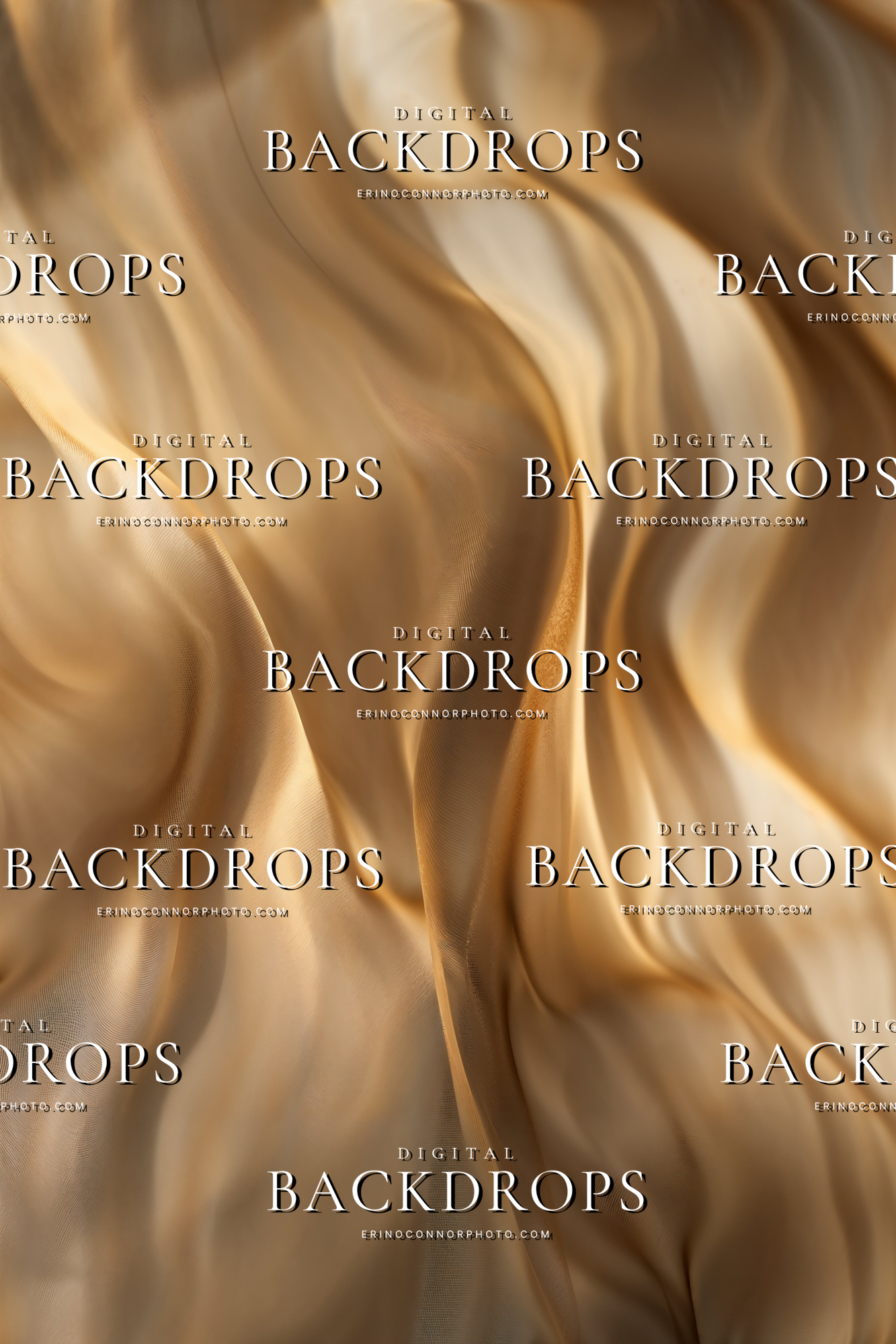 Warm gold fabric folds digital background with sheer champagne textile texture, soft highlights, and graceful studio portrait movement.