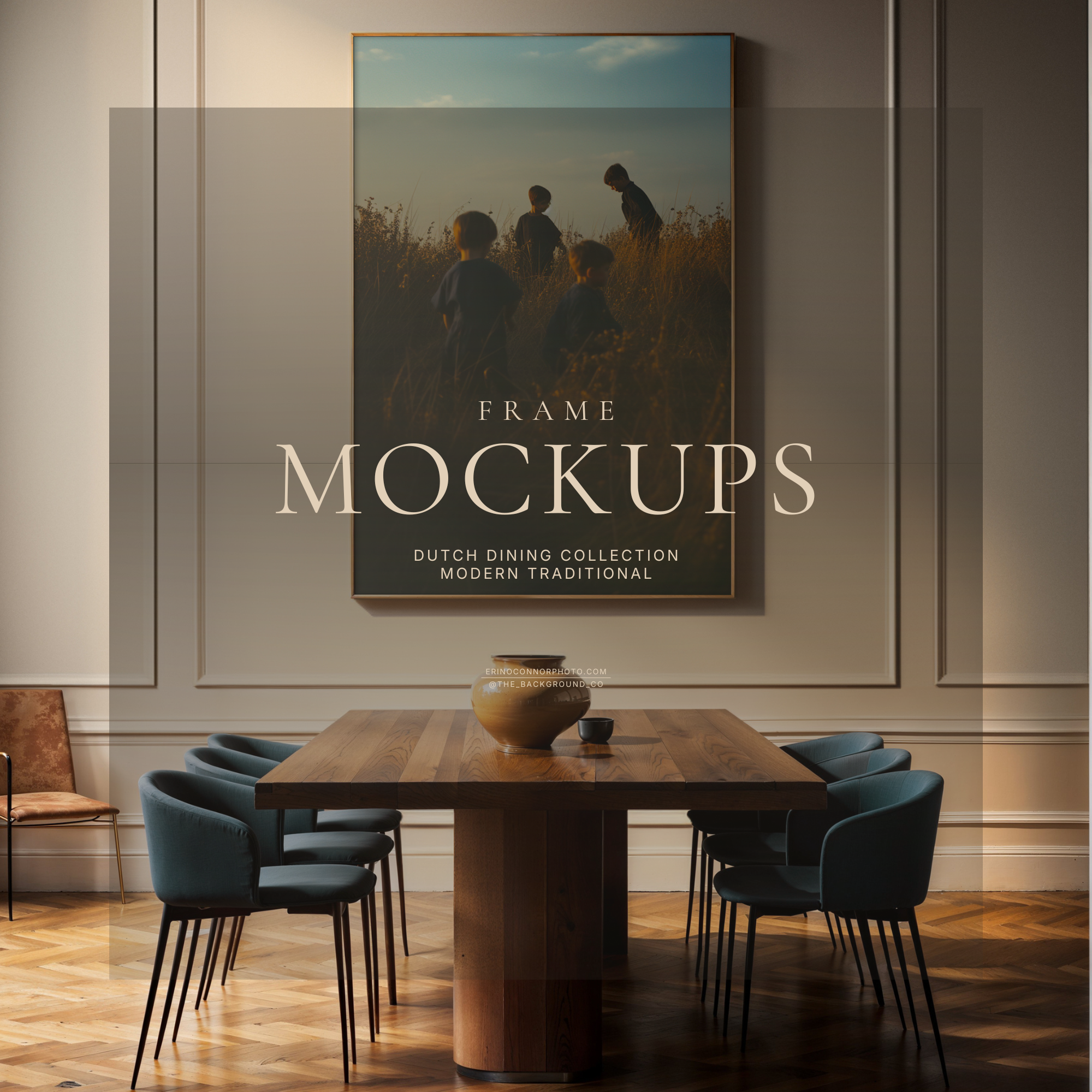 Modern Traditional Dutch dining room frame mockup with cream paneled wall, herringbone wood floor, pedestal table, blue upholstered chairs, and tall vertical light wood frame.