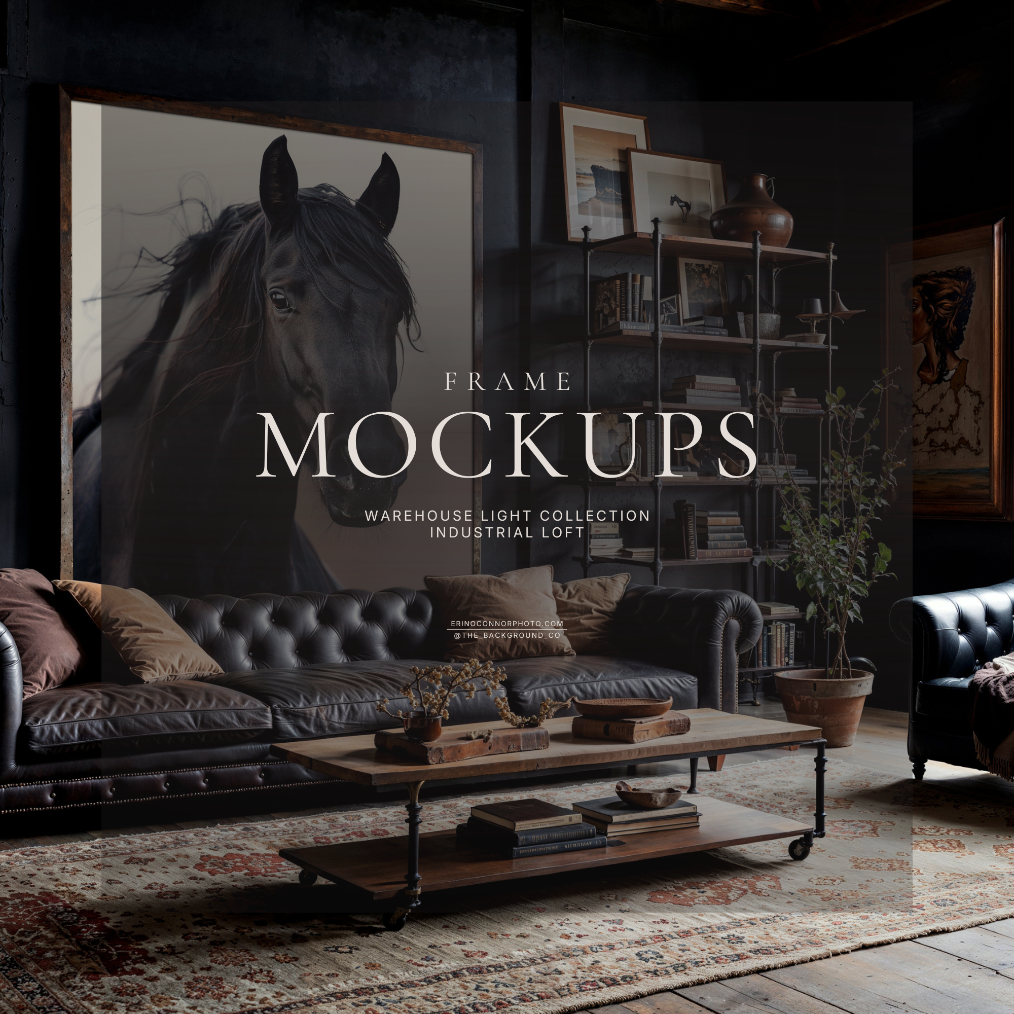 Industrial loft frame mockup with large wall art above black leather sofa, dark warehouse lounge, arched window light, styled shelves, photographers and artists display mockup.