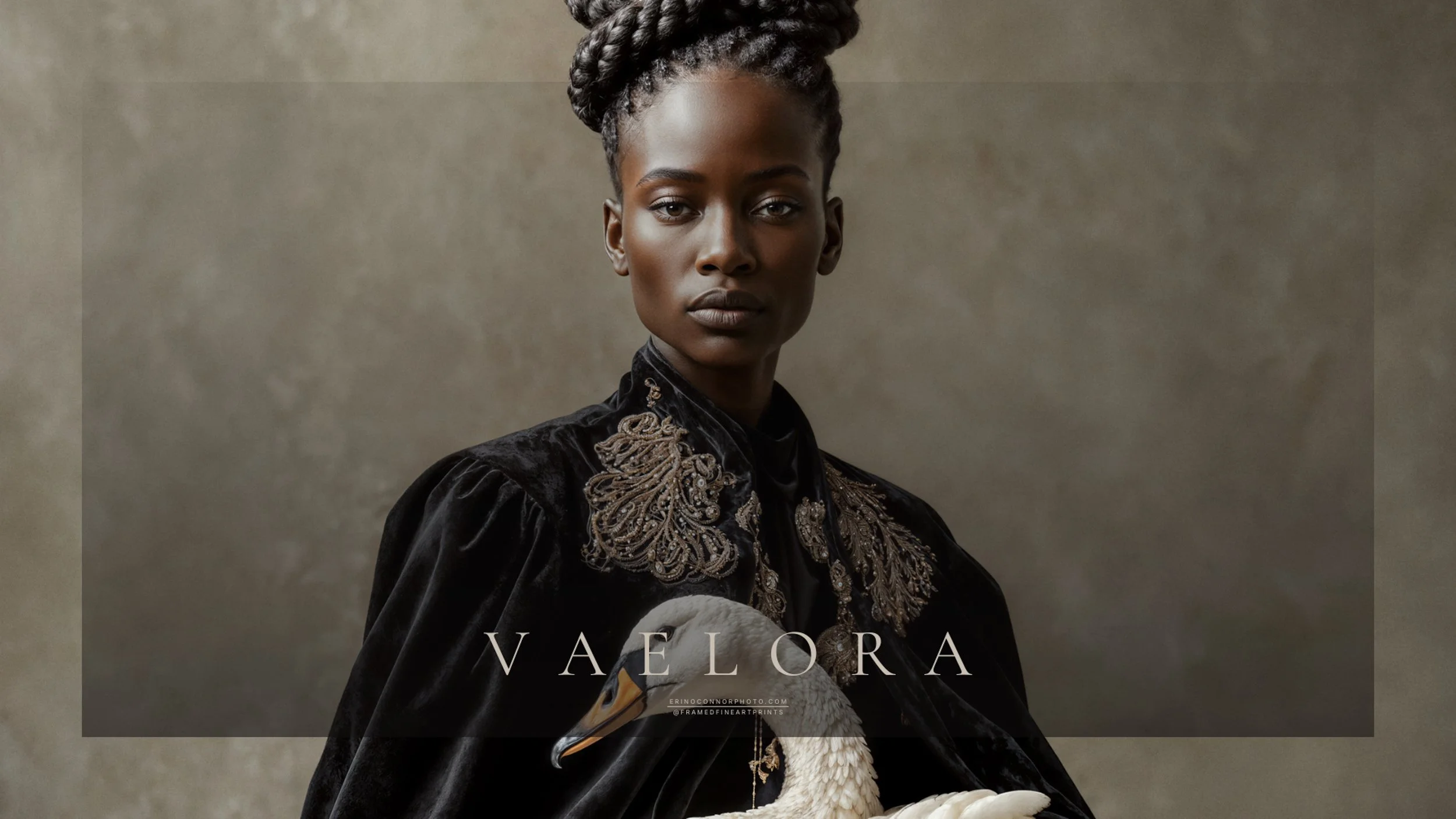 Vaelora standing beside a white swan in a dark embroidered velvet garment.