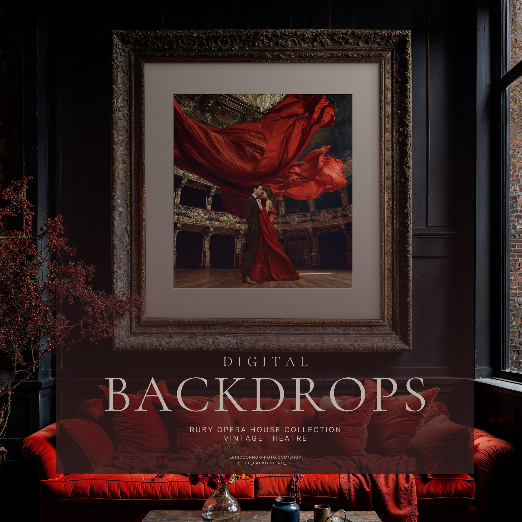 Dark moody room showing framed artwork using Ruby Opera House theatre backdrop, styled wall art preview for photographers, fine art prints, and client sales