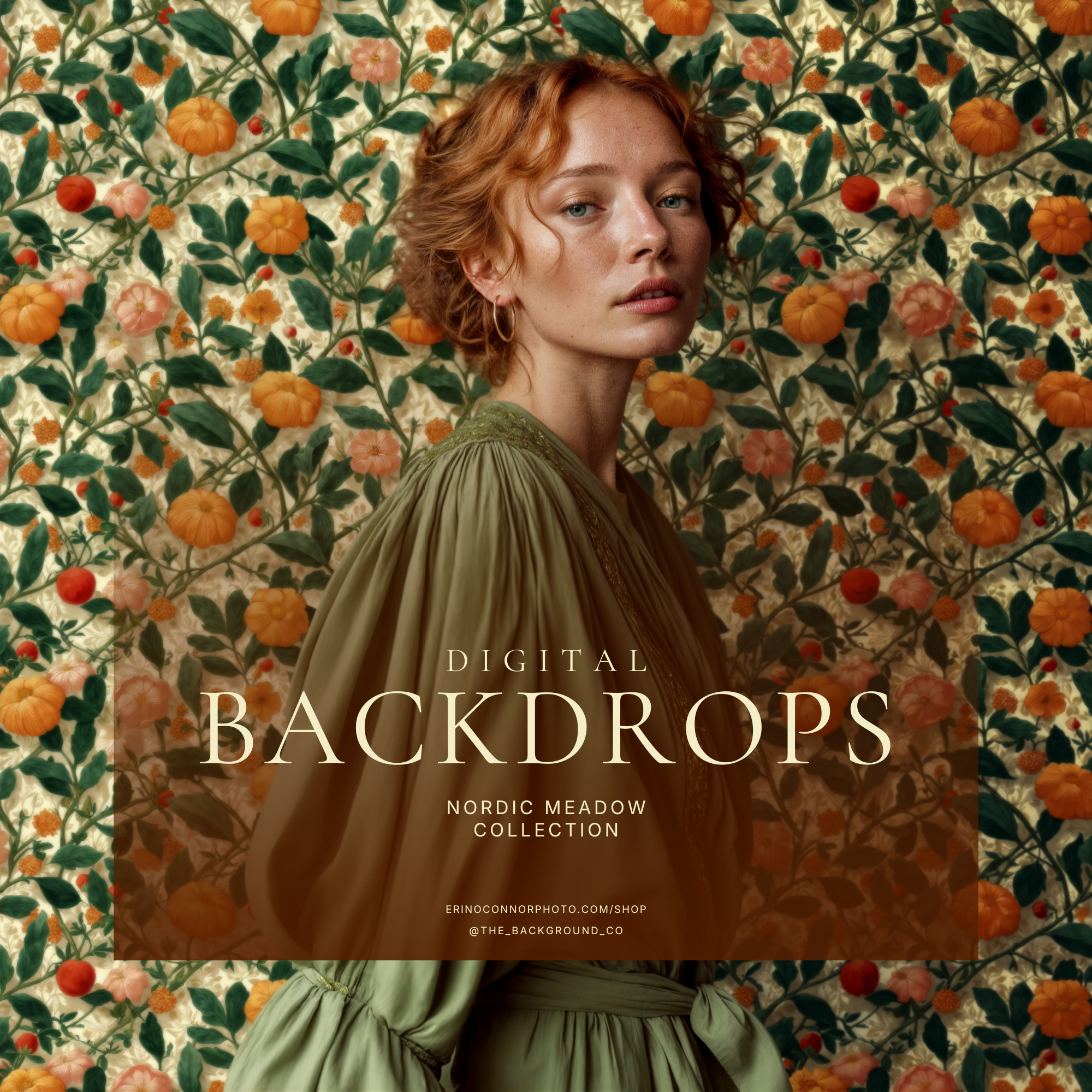 Composite example: red-haired woman in sage dress against Nordic Meadow pumpkin-and-flower botanical background, showing the digital backdrop in a portrait composite.