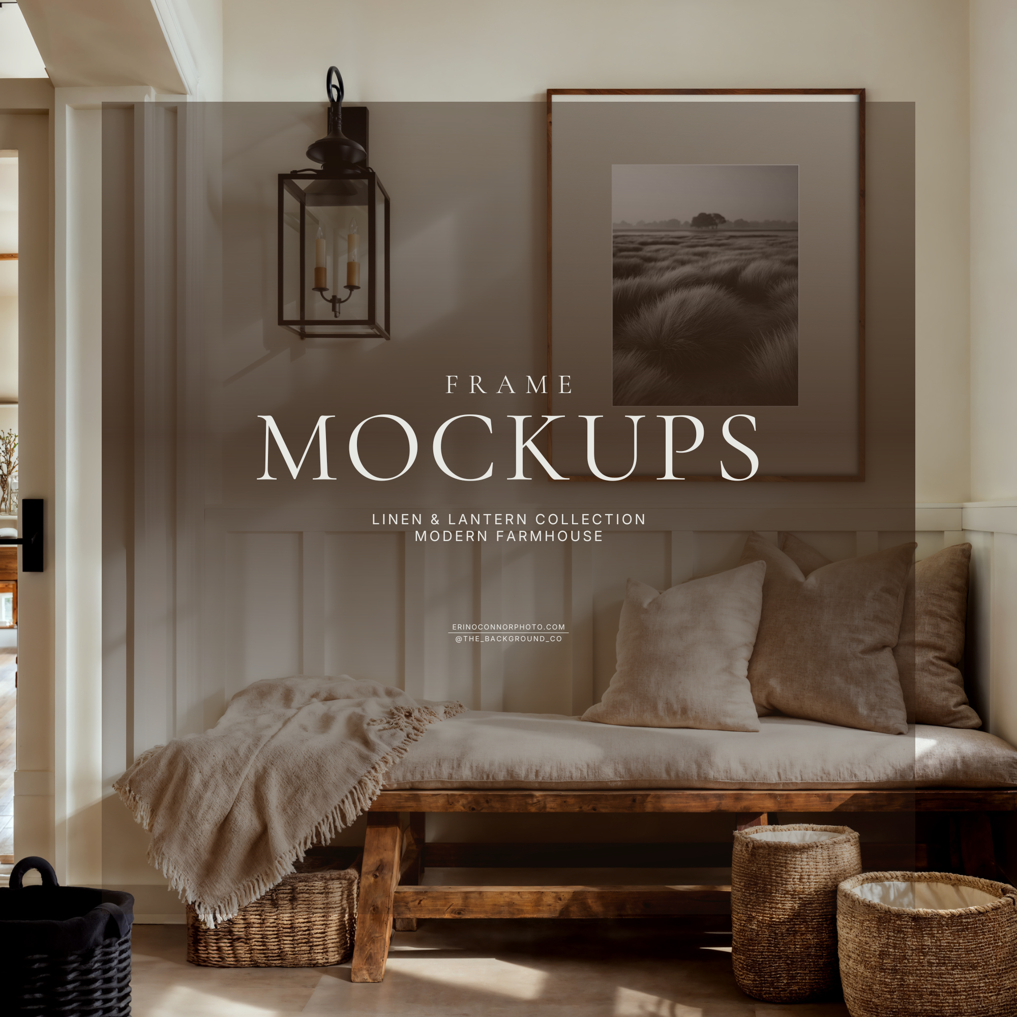 Modern farmhouse entryway mockup with lantern sconce, linen bench, woven baskets, warm sunlight, and vertical walnut frame with matte for art display.