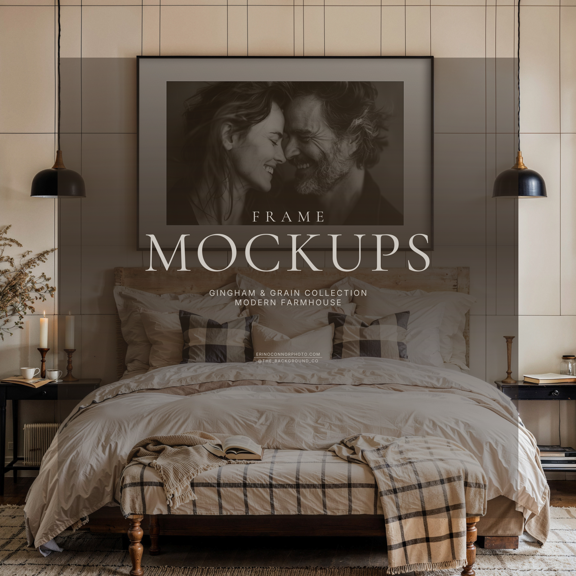 Modern Farmhouse Bedroom & Frame Mockups | Gingham & Grain Wall Art Mockup Set