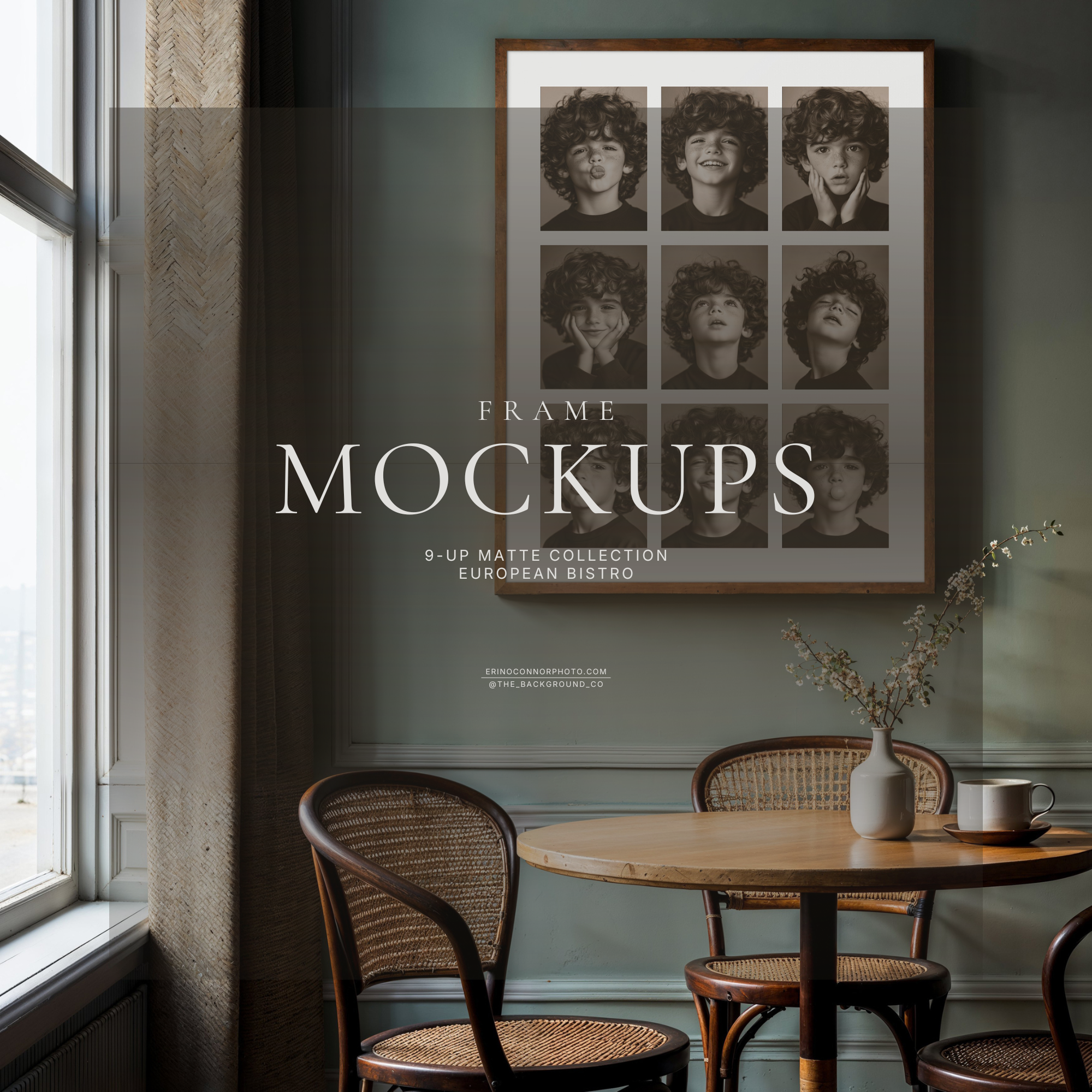 9 photo collage frame mockup in a sage green cafe nook with bistro table and cane chairs, herringbone wood floor and window light, real room display for photographers and artists