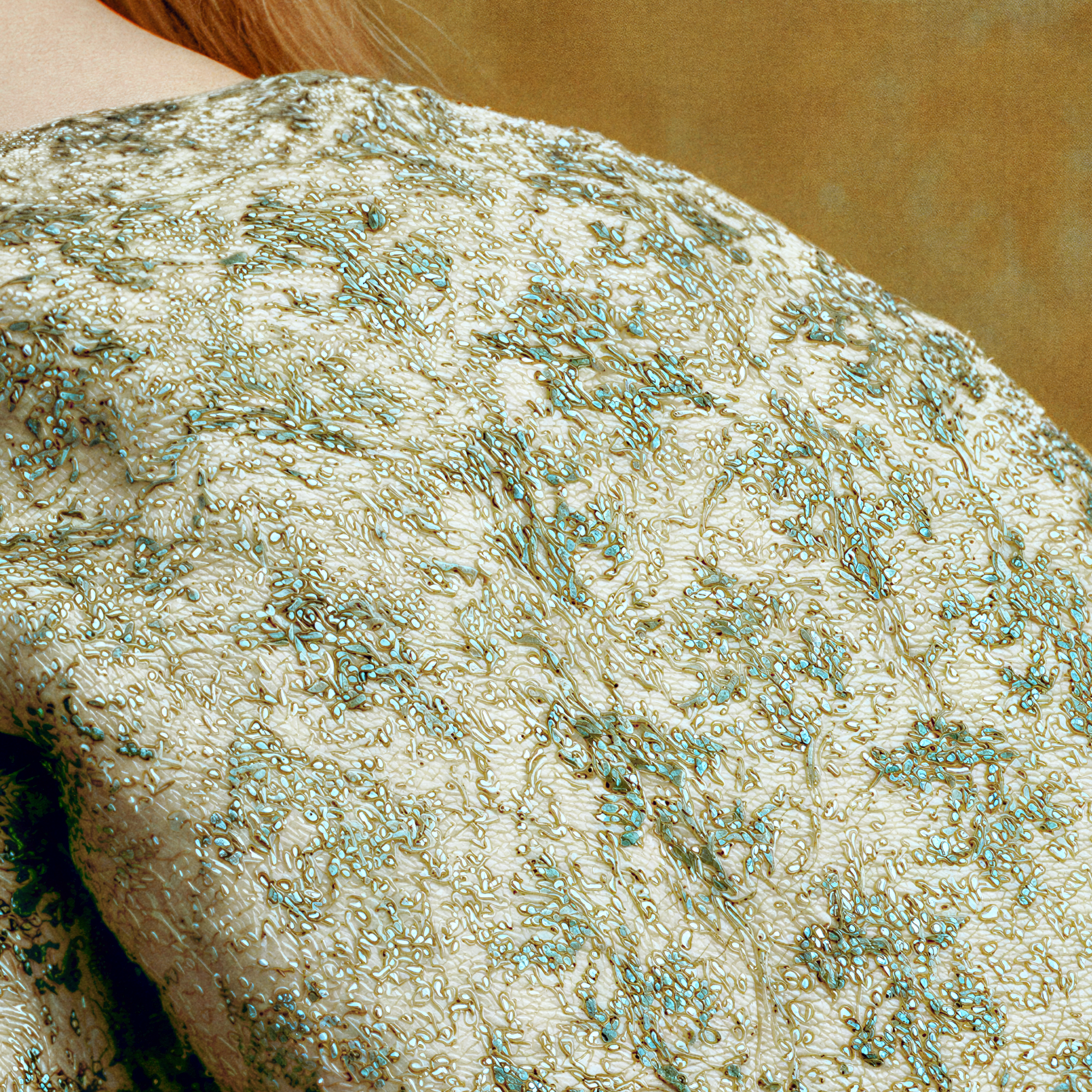 Close-up of Sidonie’s pale brocade gown showing cream, sage, muted blue, and metallic textile texture.