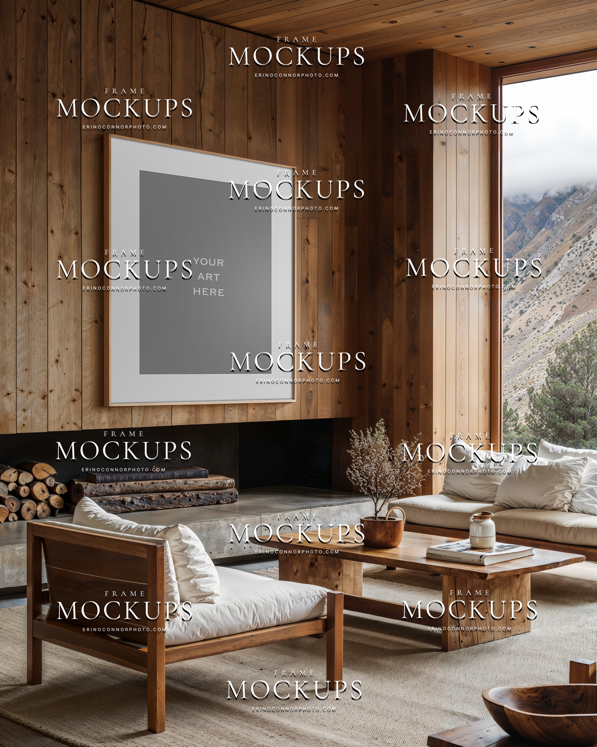 Modern mountain cabin empty wall art mockup with portrait frame on cedar wall, concrete hearth, wood chair, and tall window with mountain view.