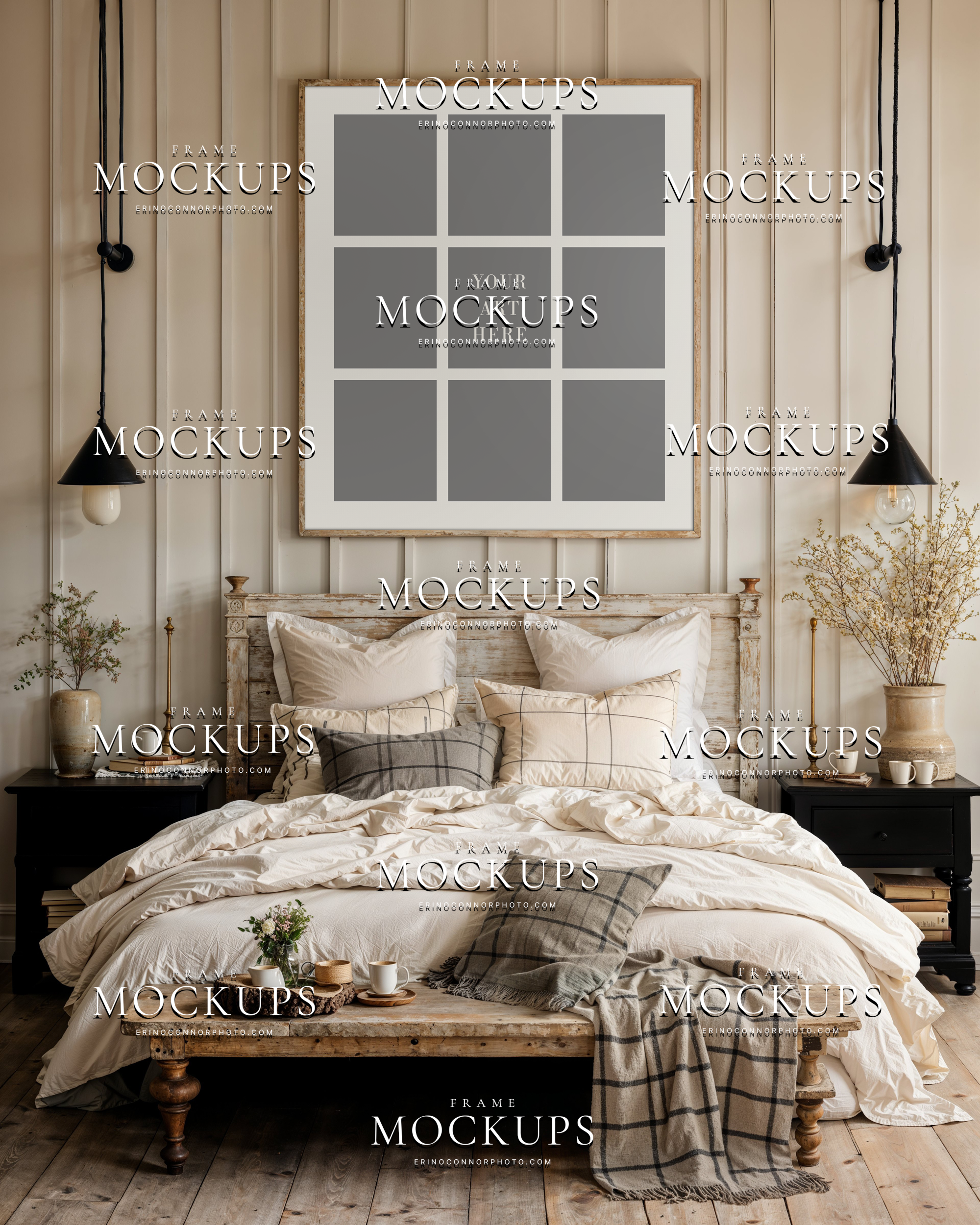 Cottagecore bedroom 9 image collage frame mockup above a rustic bed with cream bedding, black pendants, and warm neutral styling