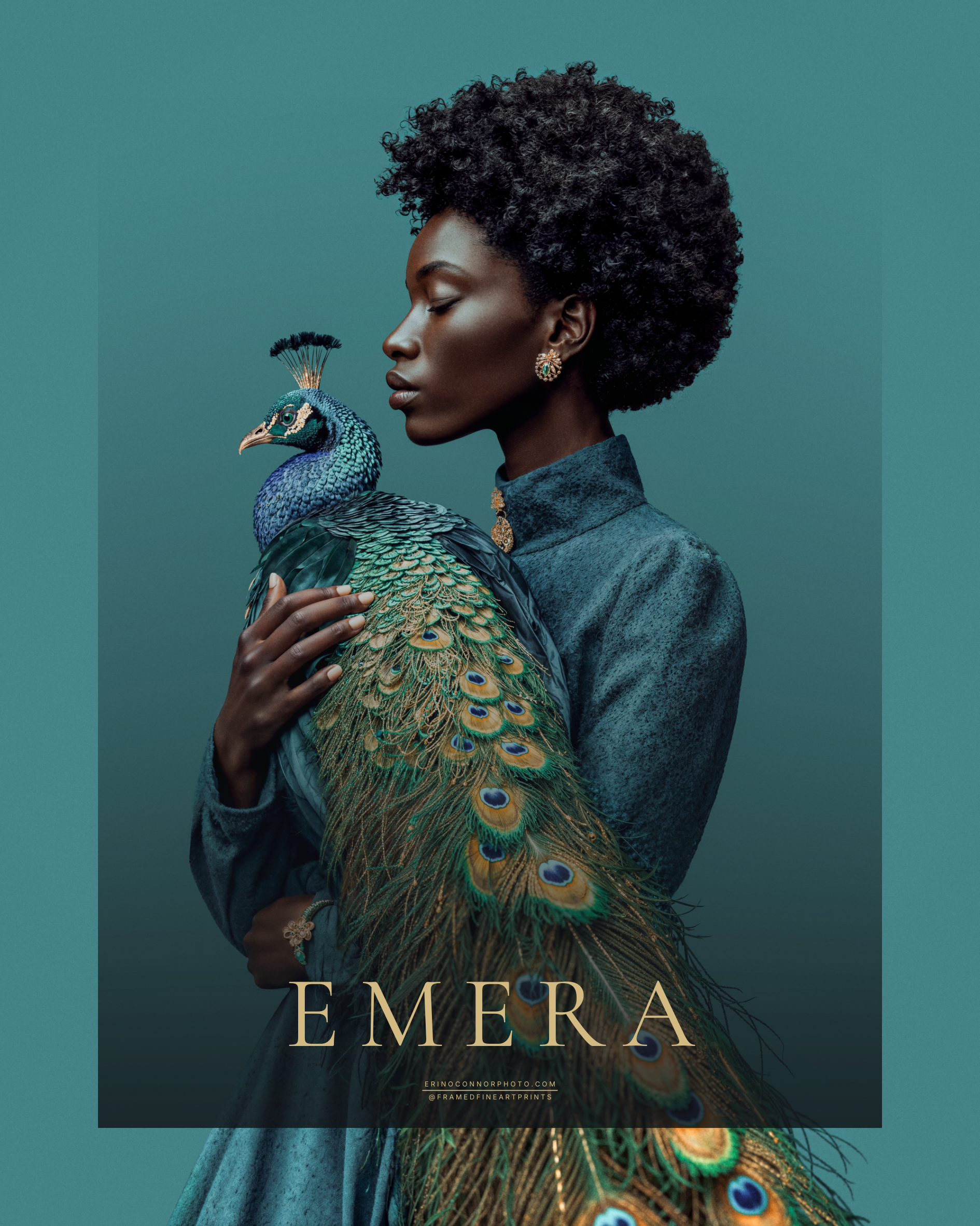 Emera fine art portrait of a Black woman in a teal garment gently holding an iridescent blue and green peacock.