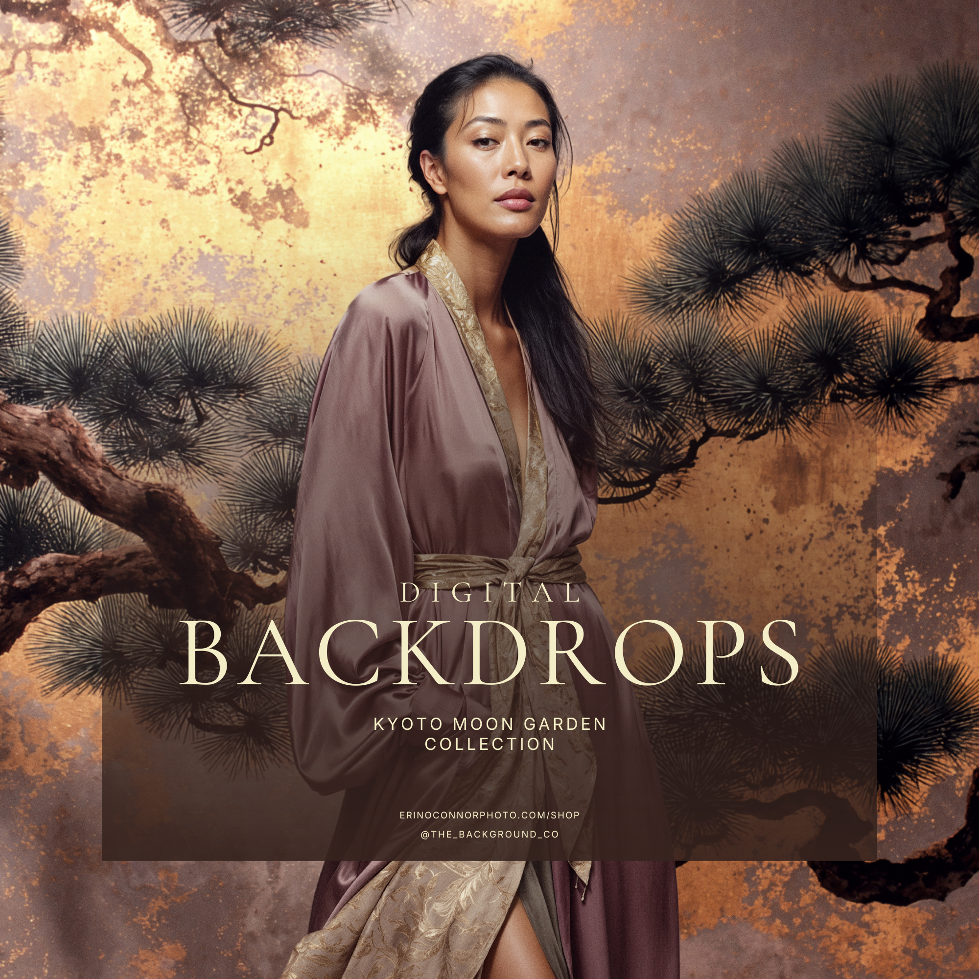 Example composite using Kyoto Moon Garden background: woman in purple silk robe against pink-and-gold pine backdrop, shown as portrait composite inspiration.