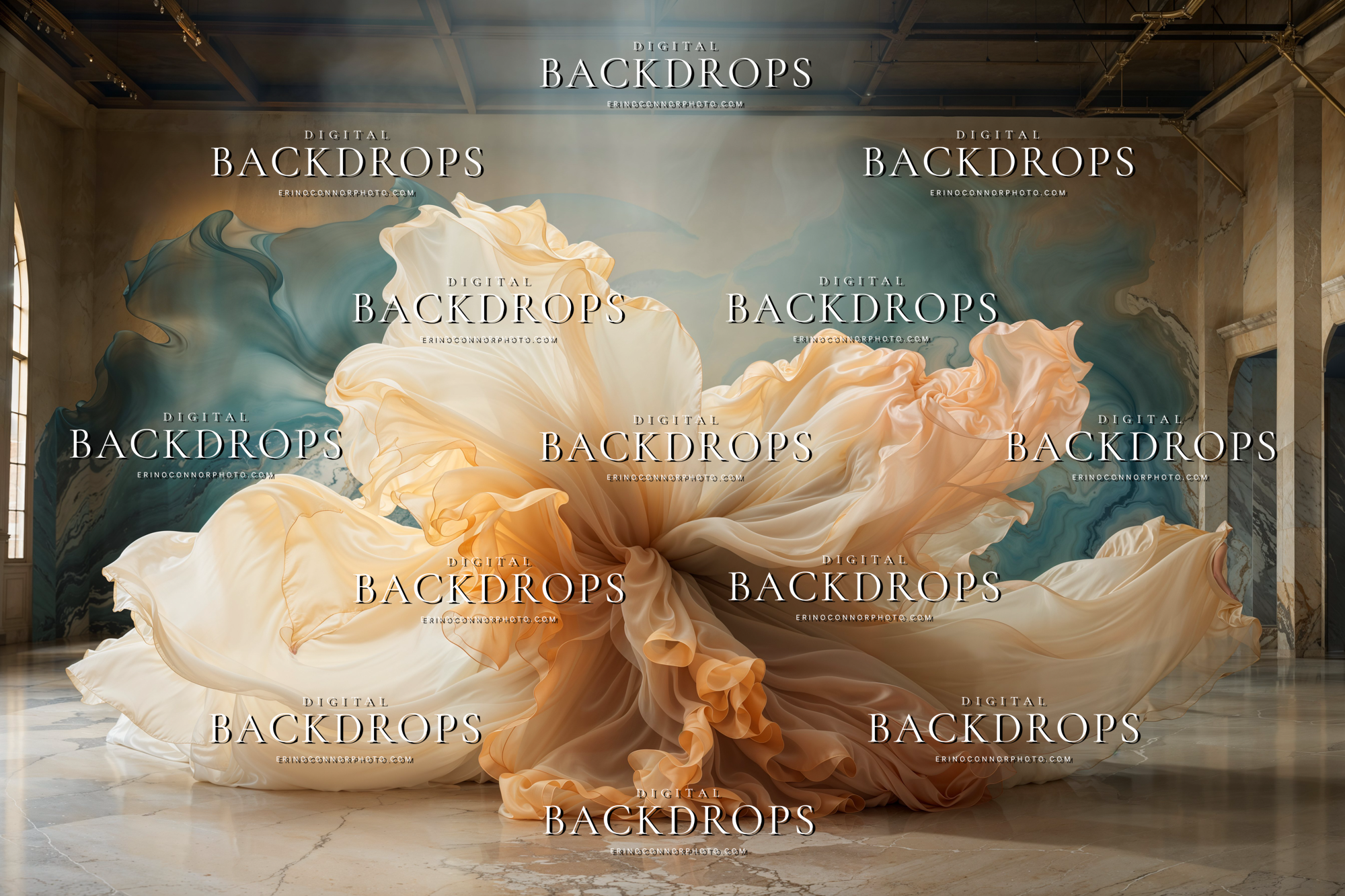 Pastel fabric backdrop with peach and ivory chiffon floating through a moody interior with painterly blue stone detail and soft directional light.