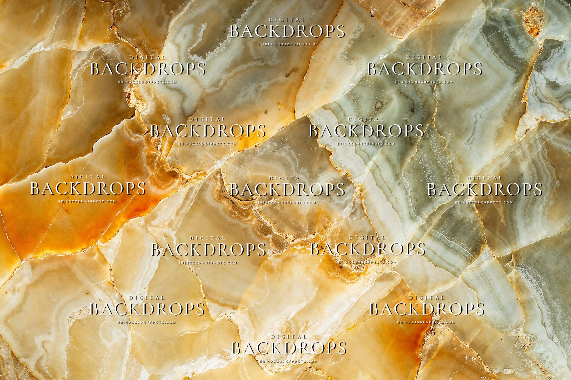 Honey onyx marble texture digital background with warm amber stone, cream mineral layers, pale grey veining, and gold accents.