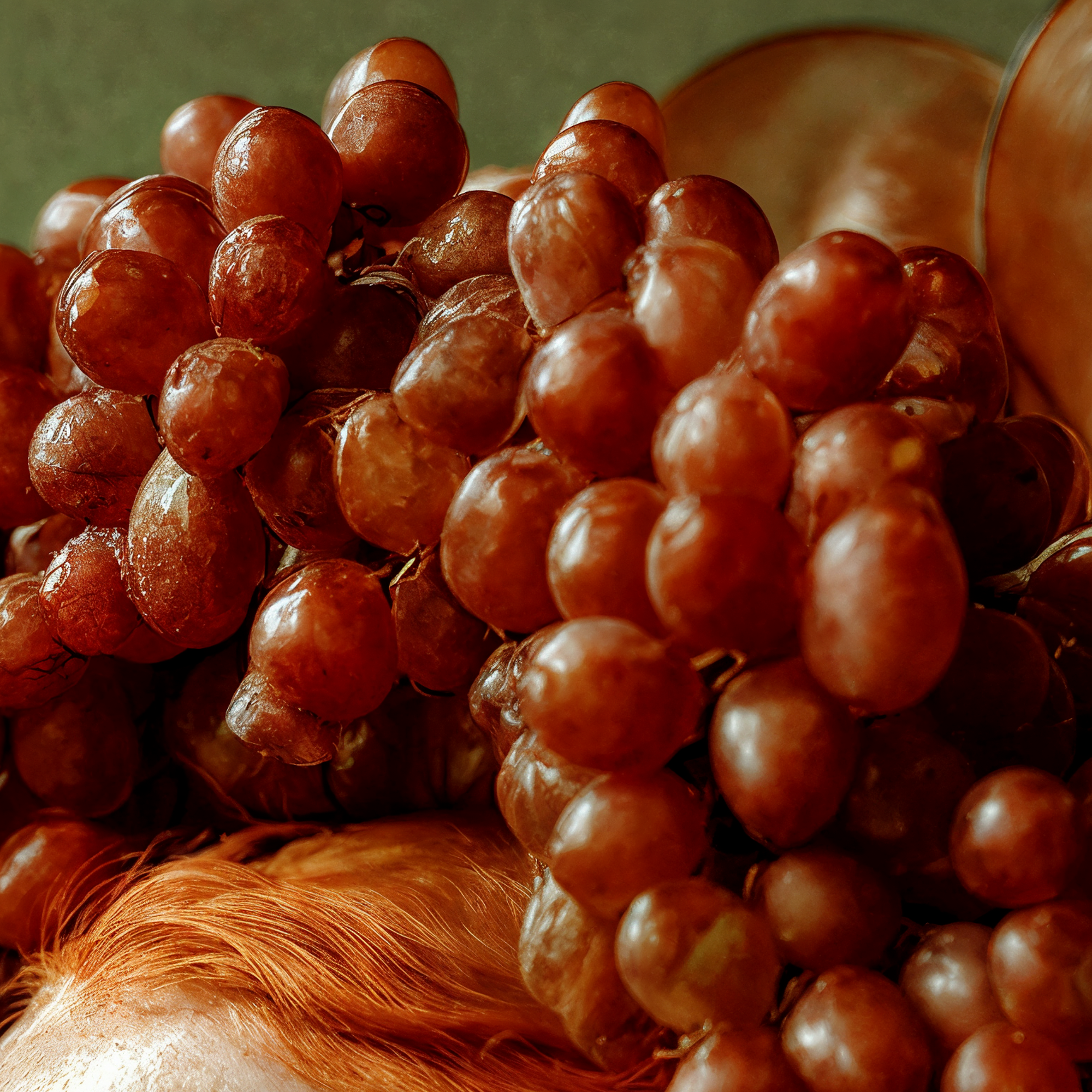 Close detail of the richly clustered red grapes forming Blythe's elaborate harvest headdress.