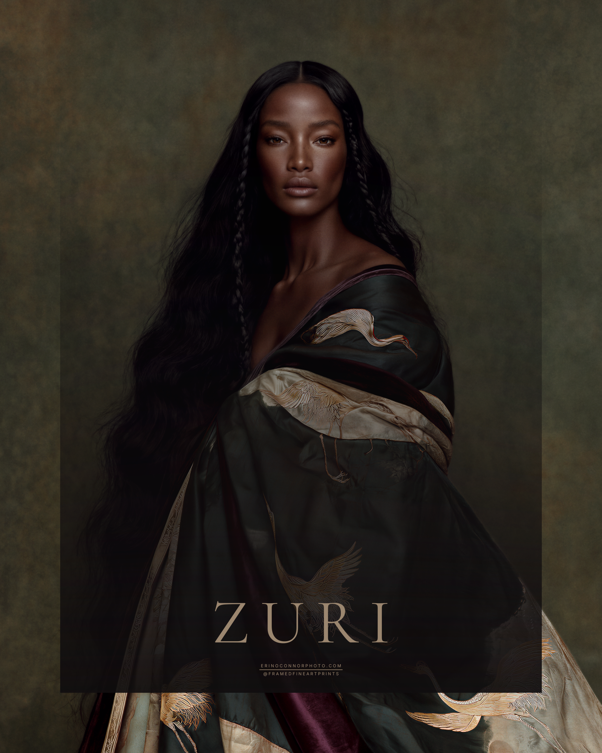 Zuri fine art portrait of a woman with long black hair wrapped in a deep green textile embroidered with ivory cranes.