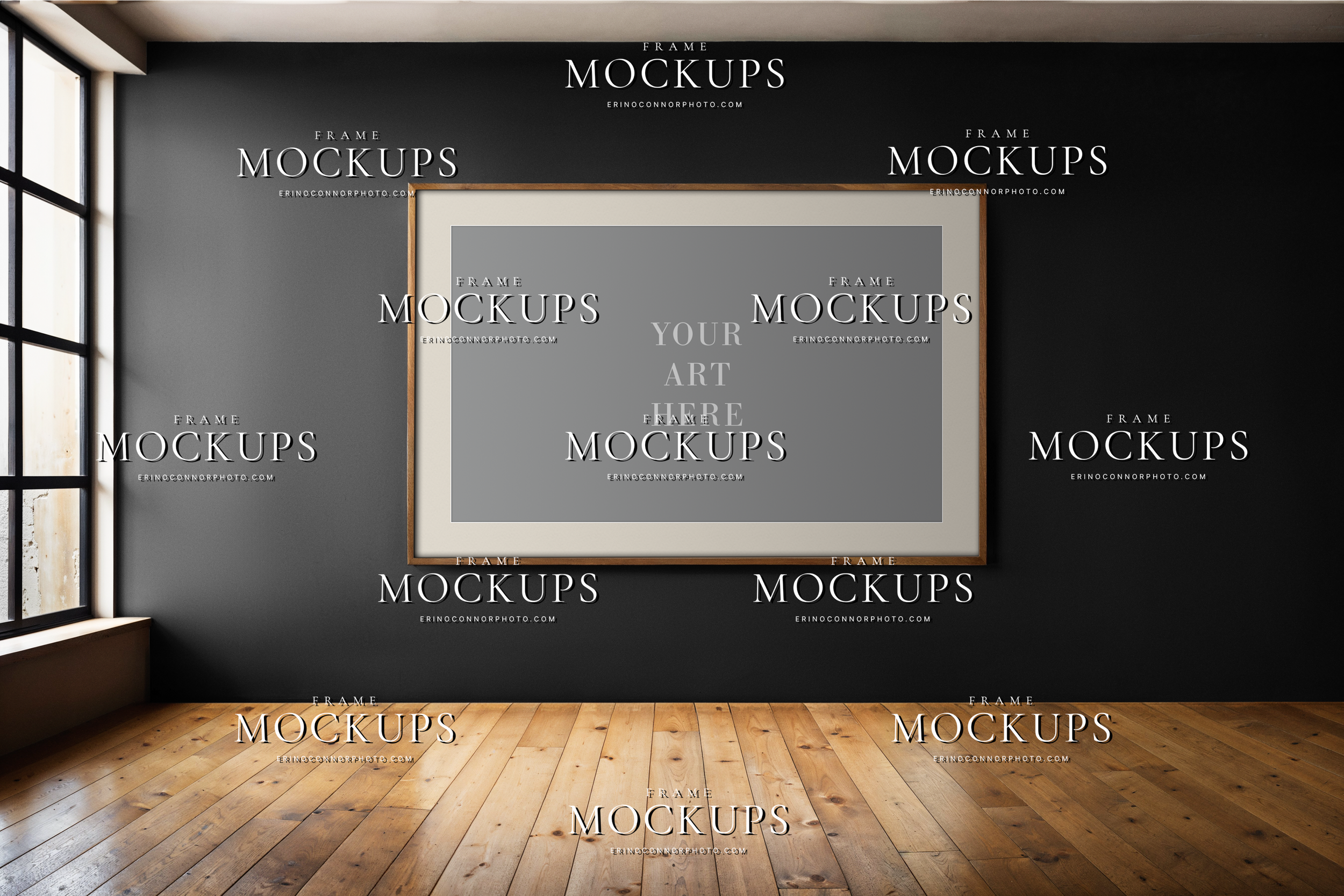 Empty horizontal wall art mockup in a minimalist dark interior with charcoal wall, warm wood floor, and gallery style presentation