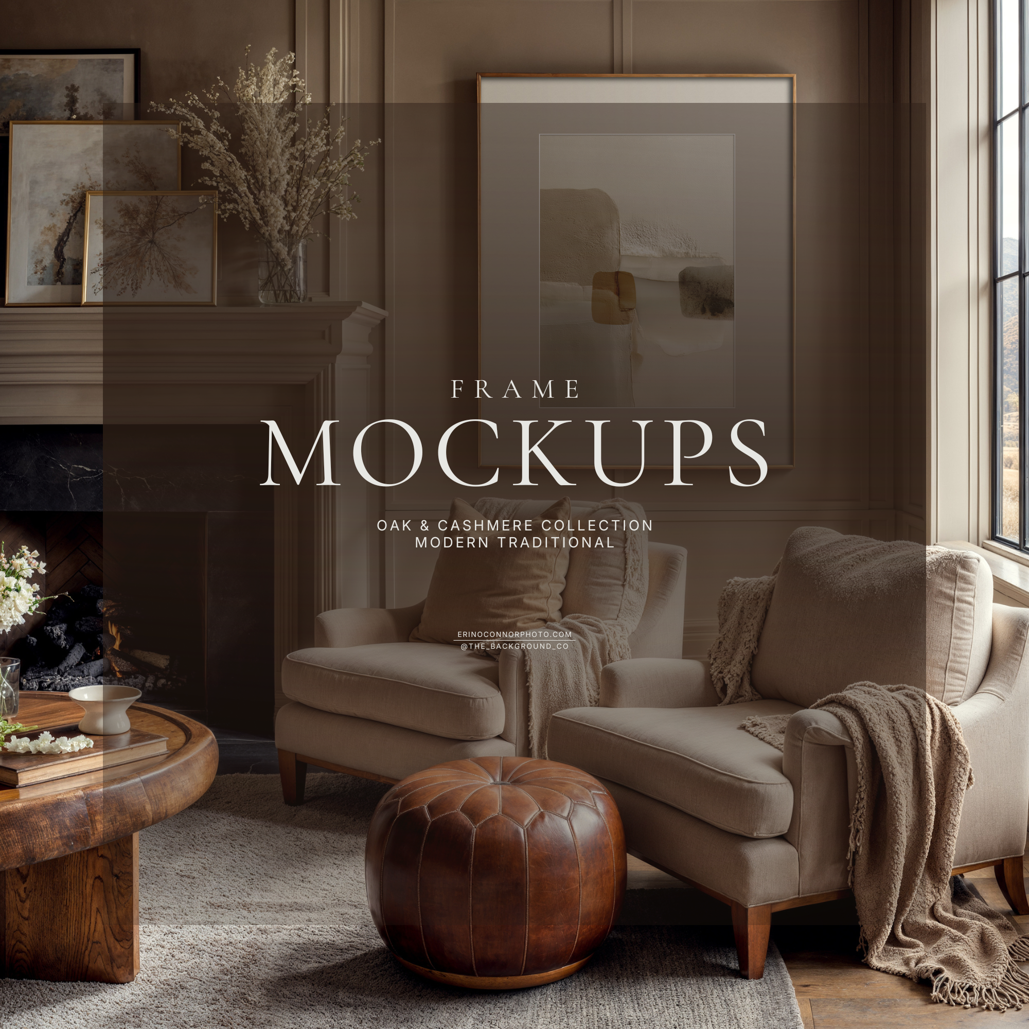 Modern traditional living room mockup with warm paneled walls, fireplace, mountain view window, two chairs, leather pouf, and a large square gold frame with wide white matte for wall art display.