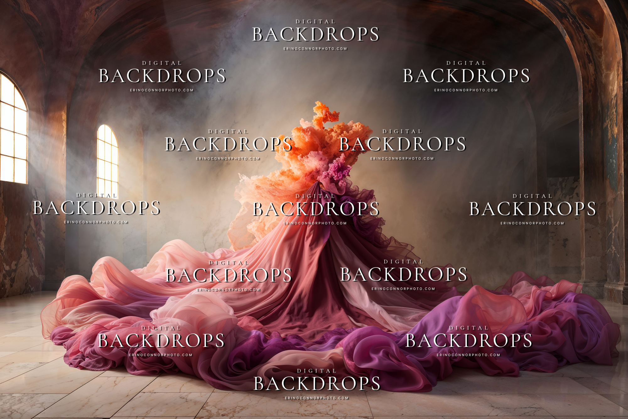 Coral, pink, and orchid chiffon gathered into a sculptural form beneath soft window light in a moody marble hall, digital background for portrait composites.