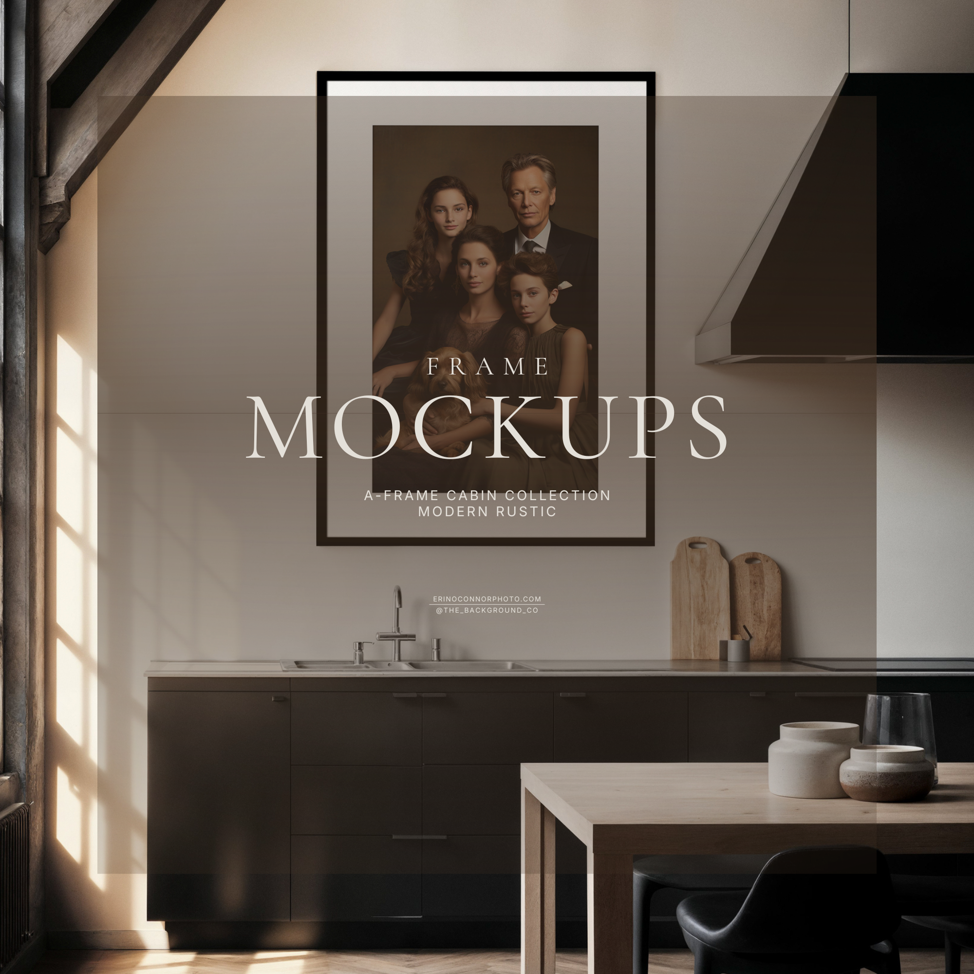 Modern rustic A-frame kitchen mockup with black cabinetry and large window light, framed wall art above sink for photographers and artists to preview prints.