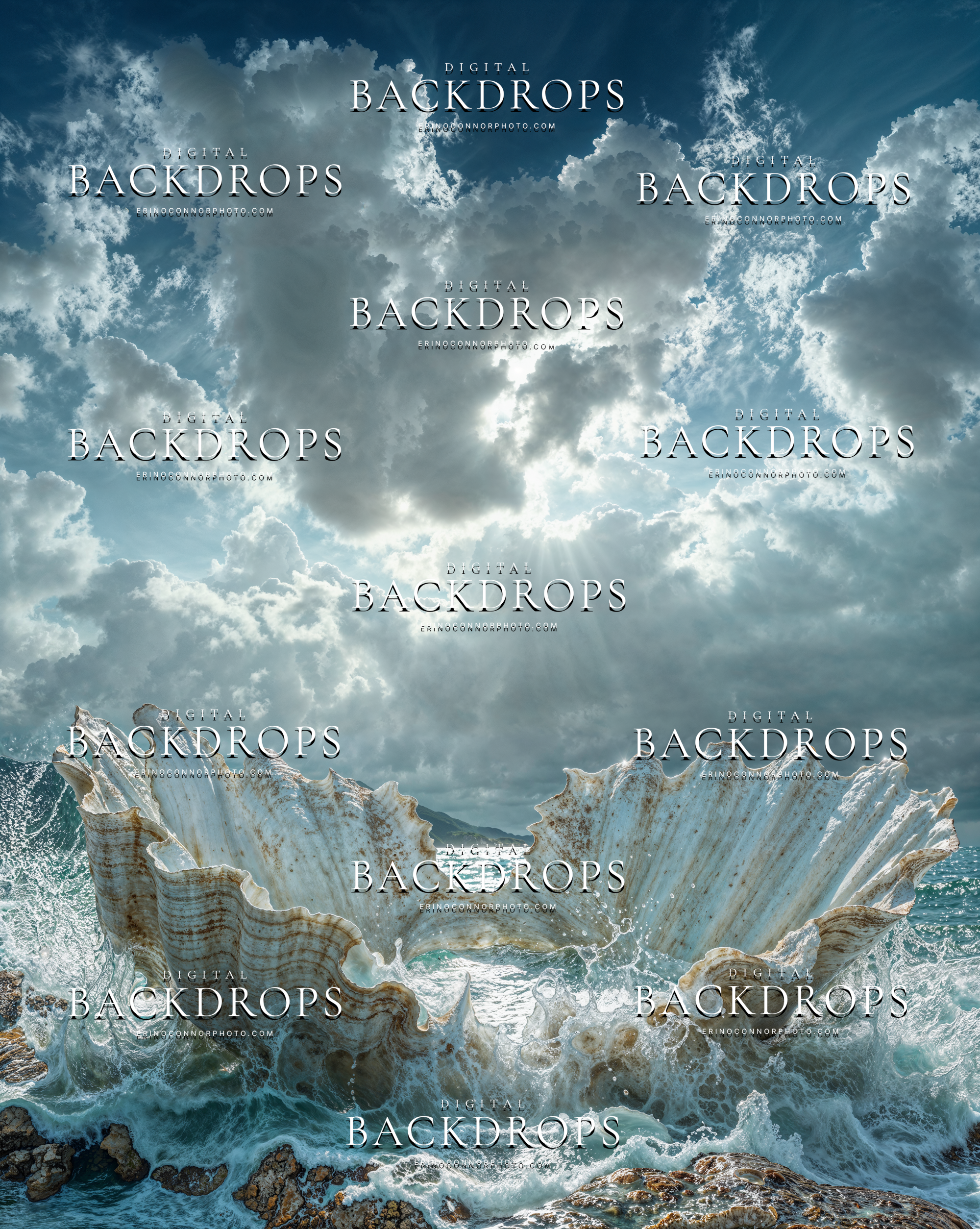Dramatic ocean seashell digital background with a split conch form, crashing waves, sea spray, and bright storm lit clouds.