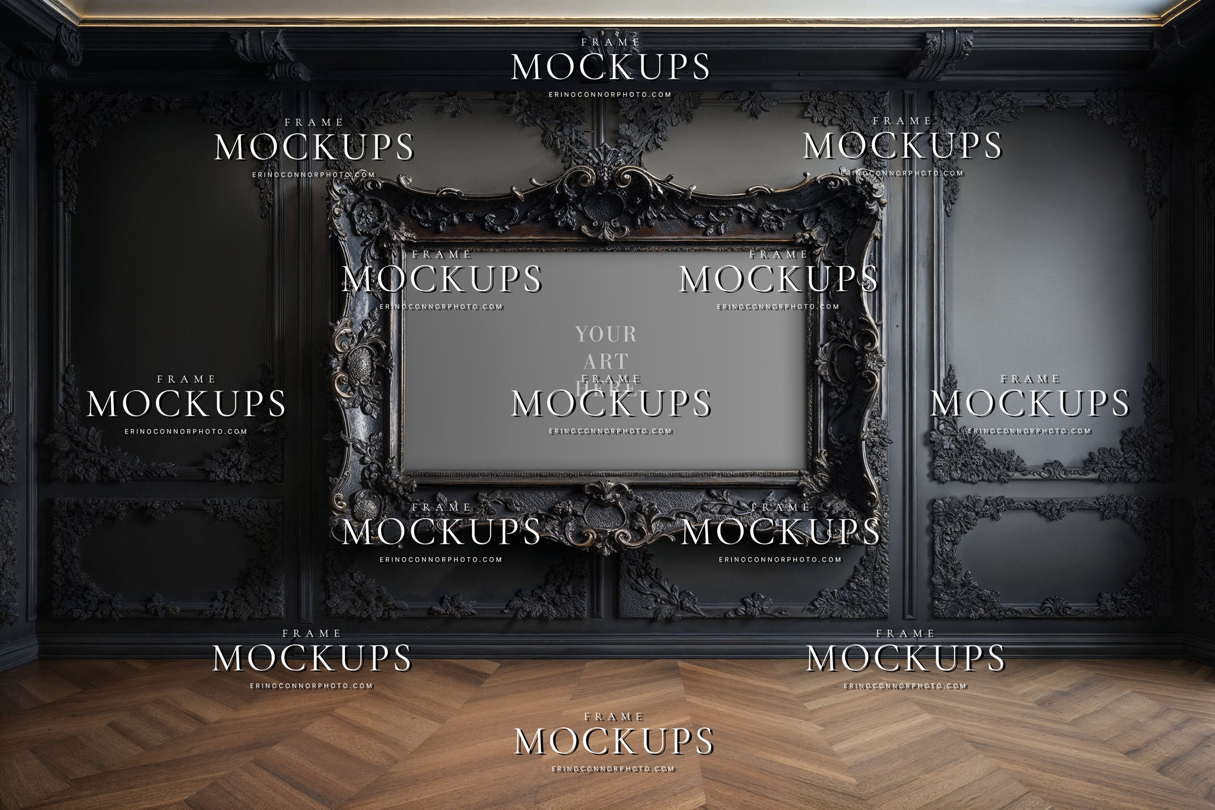Ornate baroque wall art mockup with antique wide frame on moody panel wall, ideal for photographers and artists presenting luxury artwork and prints.
