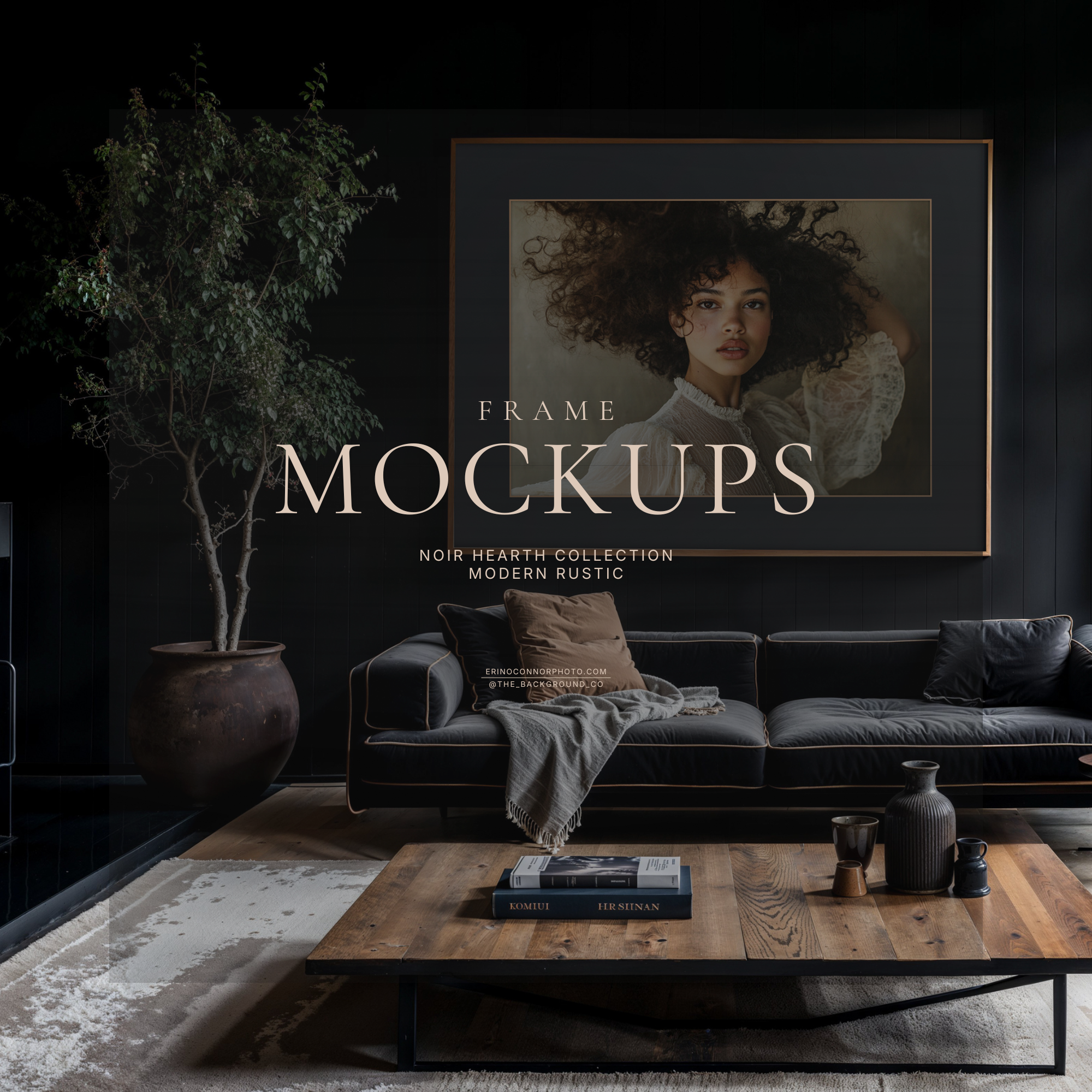 Modern rustic black living room mockup with large horizontal wood frame and matte above sofa, fireplace glow, glass wall to garden, wood ceiling, digital frame mockup for wall art display