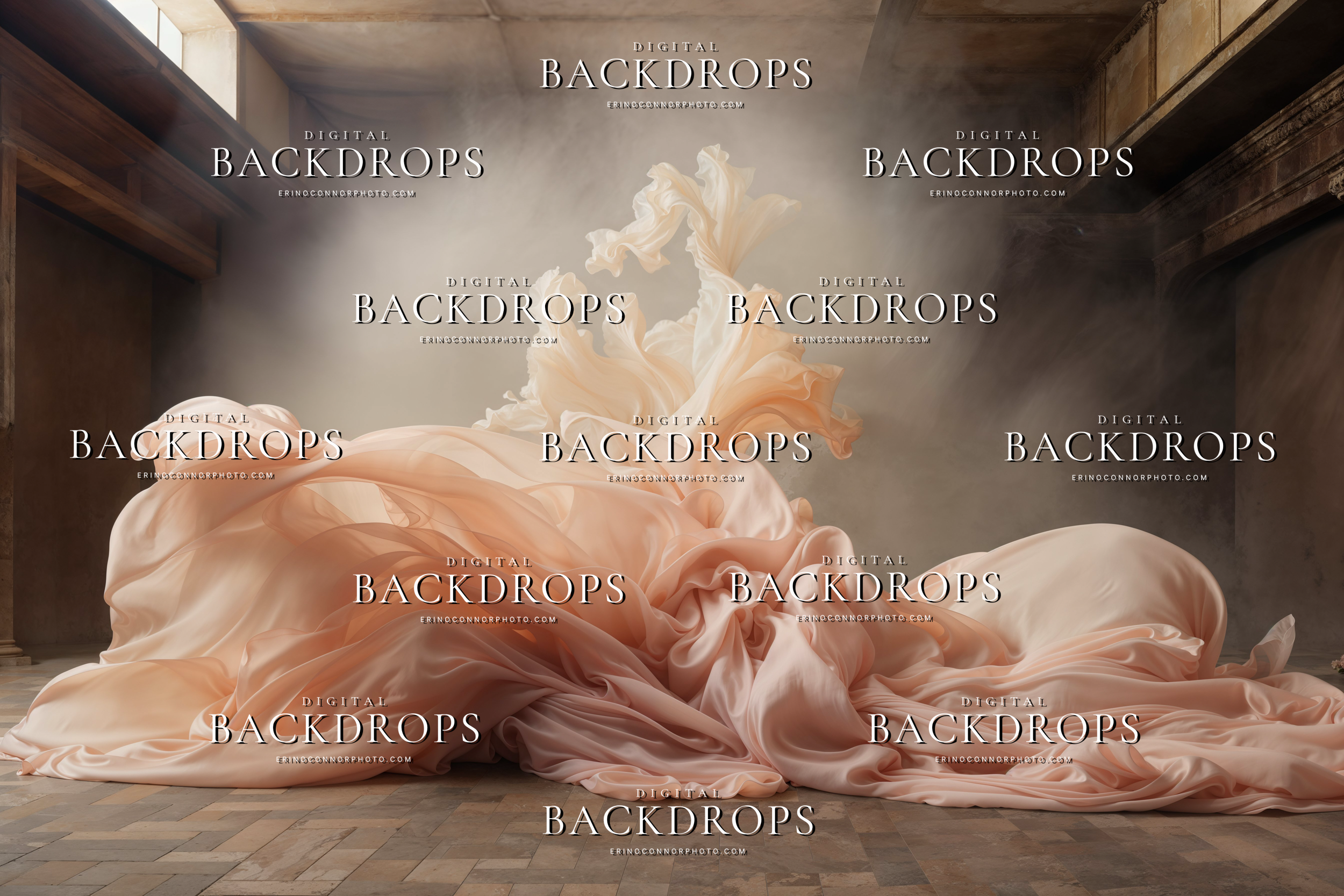 Ballet peach chiffon digital backdrop with sculptural fabric piled across a tiled floor in a softly lit smoky interior.