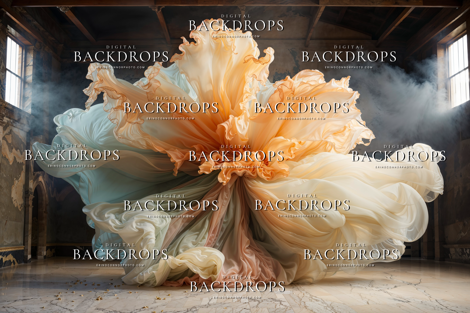 Bloom-like pastel chiffon form in peach, cream, and mint tones with soft haze and marble flooring, digital background for fine art photography.chiffon_whirlwind_sorbet_smoke_digital_background-3.png